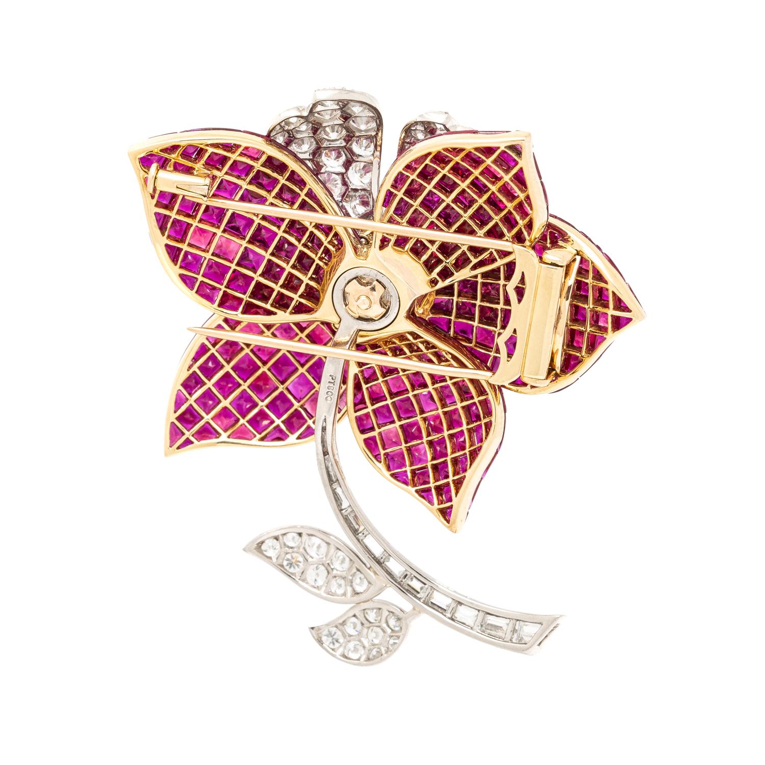 RUBY AND DIAMOND FLOWER BROOCH