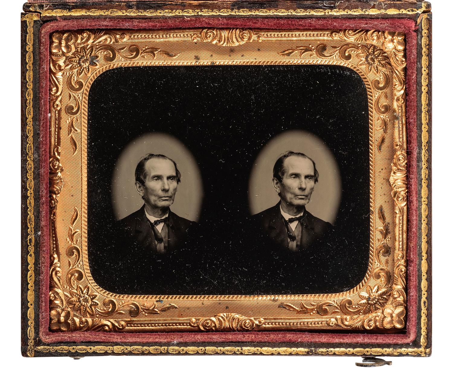 [EARLY PHOTOGRAPHY]. Unusual sixth plate tintype featuring two portraits of the same gentleman.