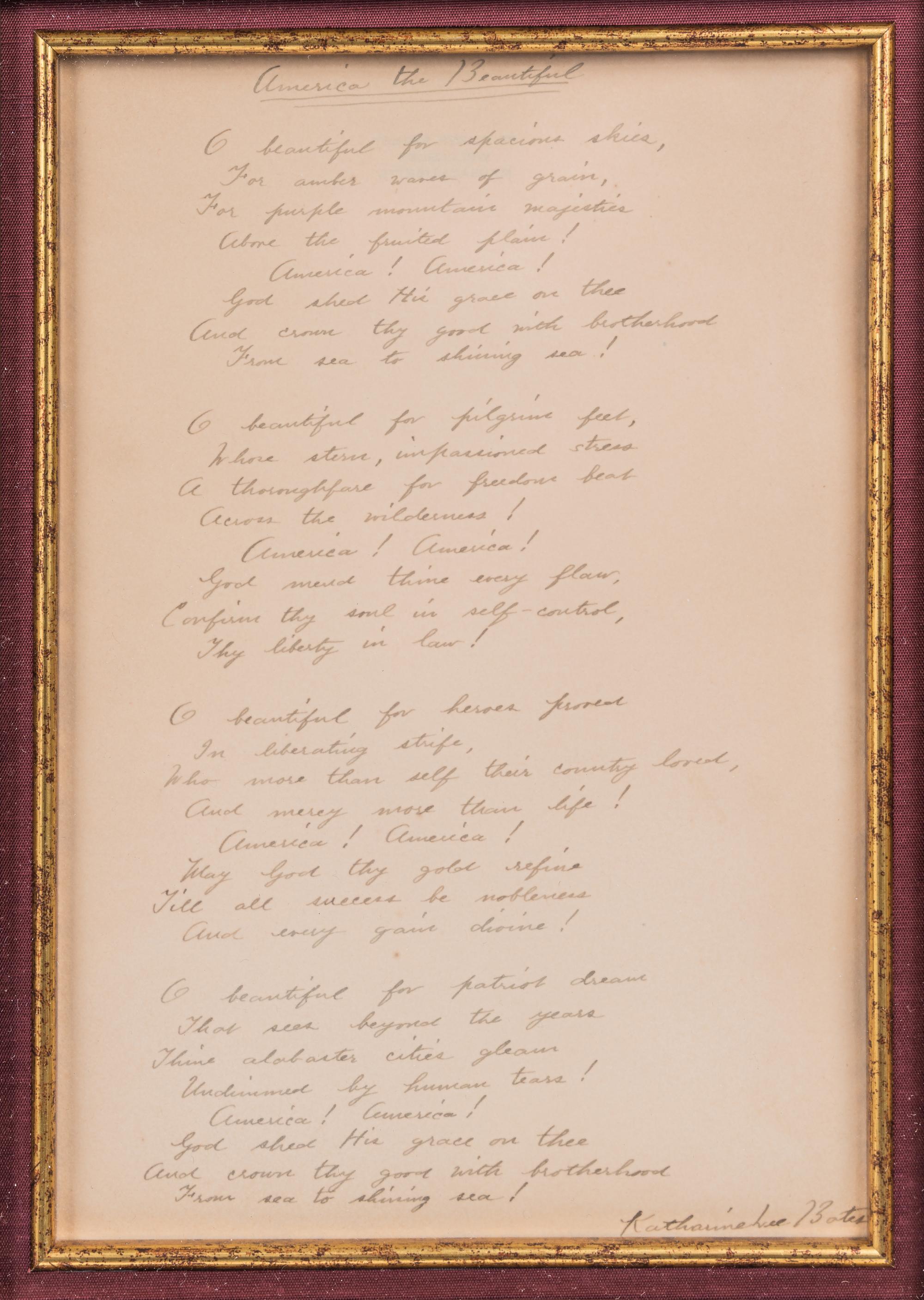 BATES, Katharine Lee. Autograph manuscript signed (Katharine Lee Bates"), a fair copy of the full four verses of “America the Beautiful.” N.p., n.d.