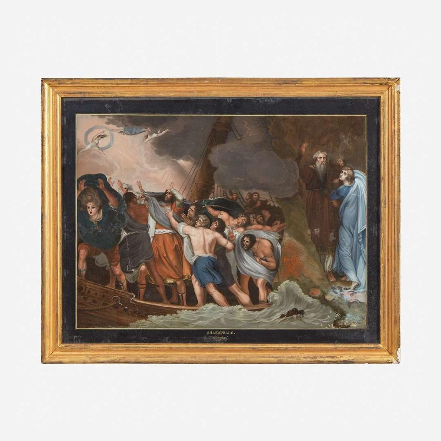 A verre églomisé Painting Depicting a Scene from The Tempest after George Romney, early 19th century