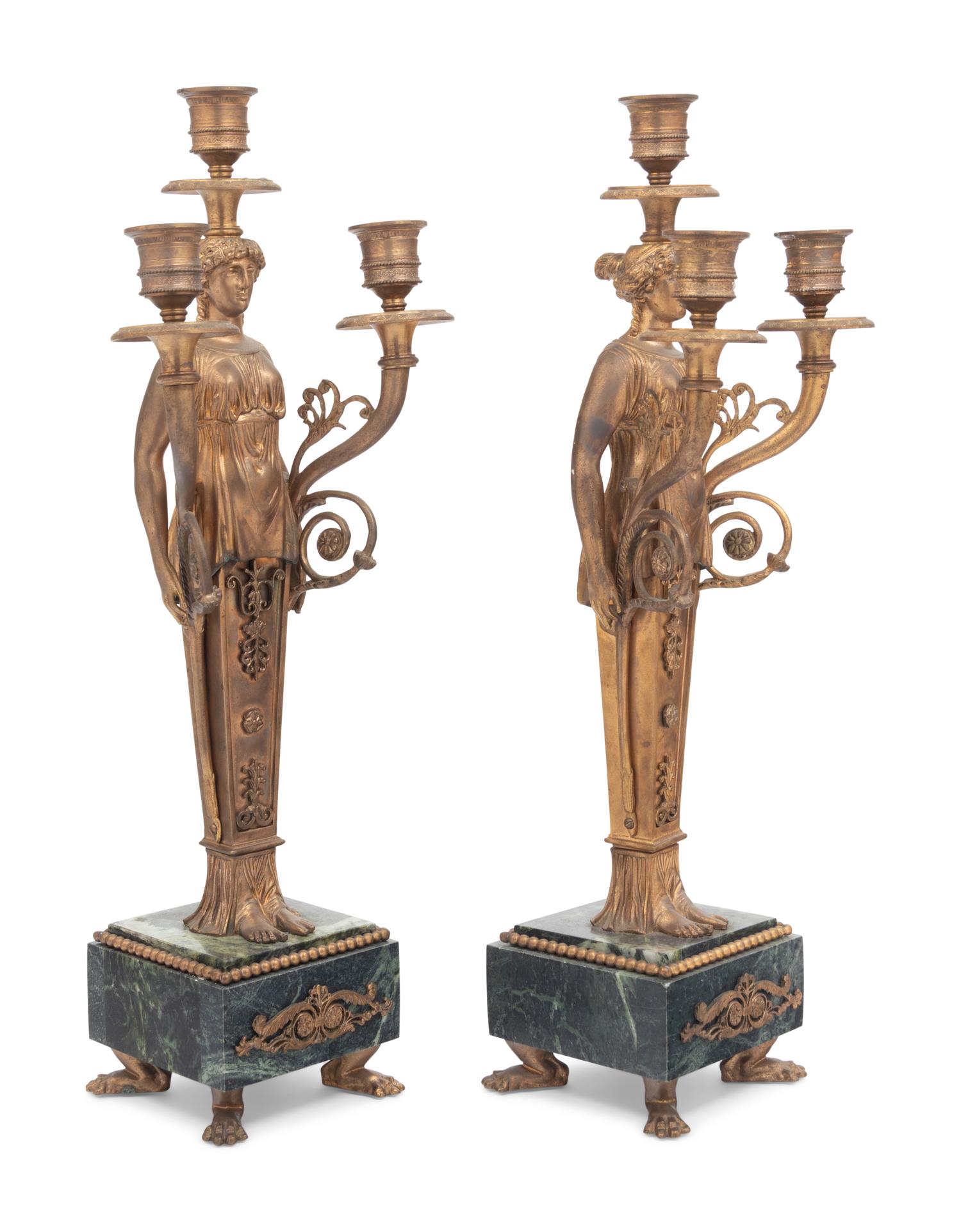 A Pair of Gilt Bronze and Marble Figural Three-Light Candelabra