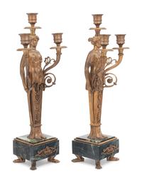 A Pair of Gilt Bronze and Marble Figural Three-Light Candelabra