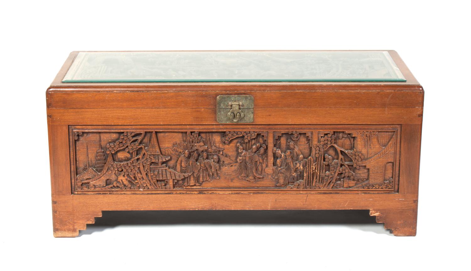 A Continental Carved Wood Blanket Chest Length 48 inches.