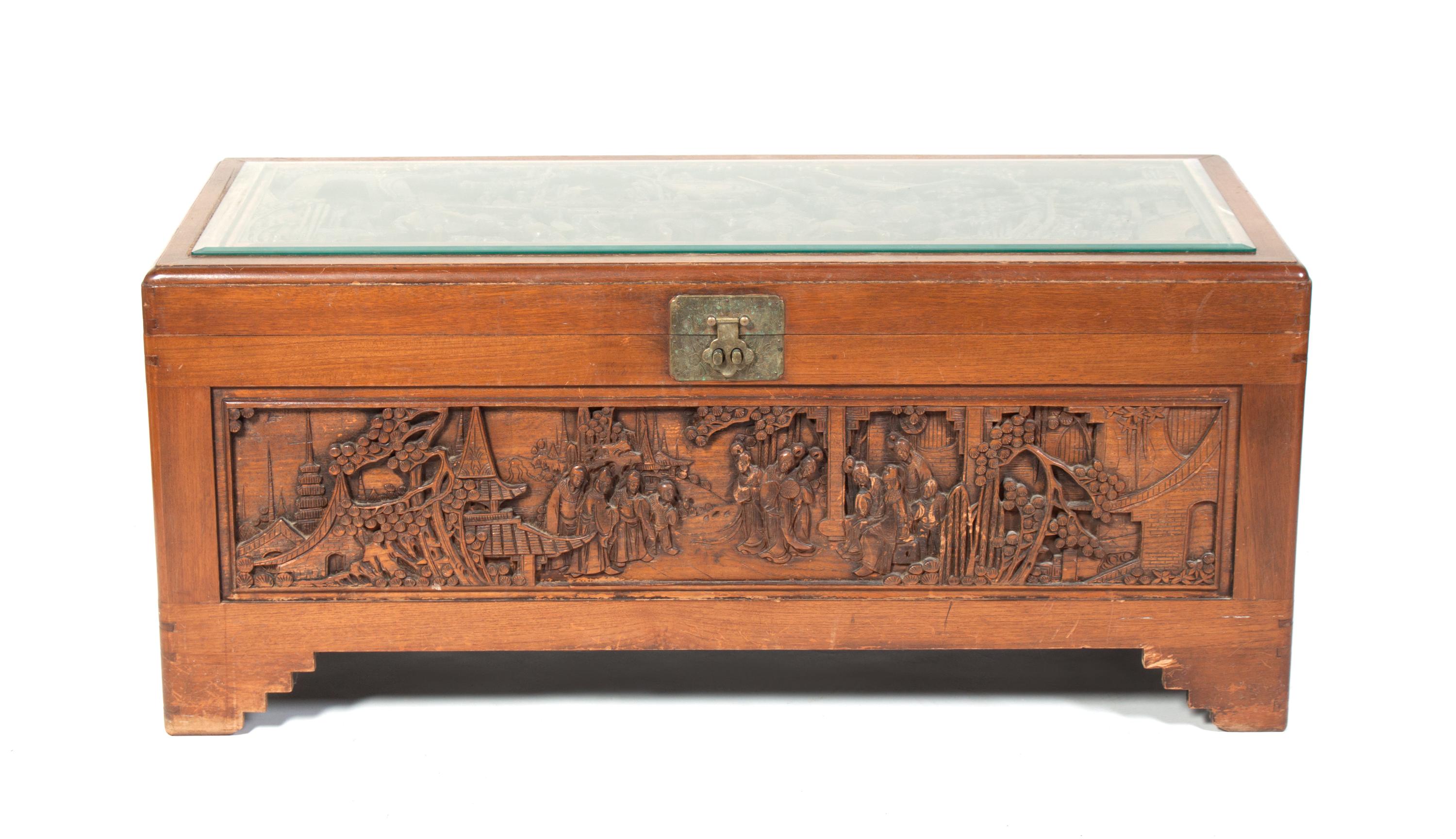 A Continental Carved Wood Blanket Chest Length 48 inches.
