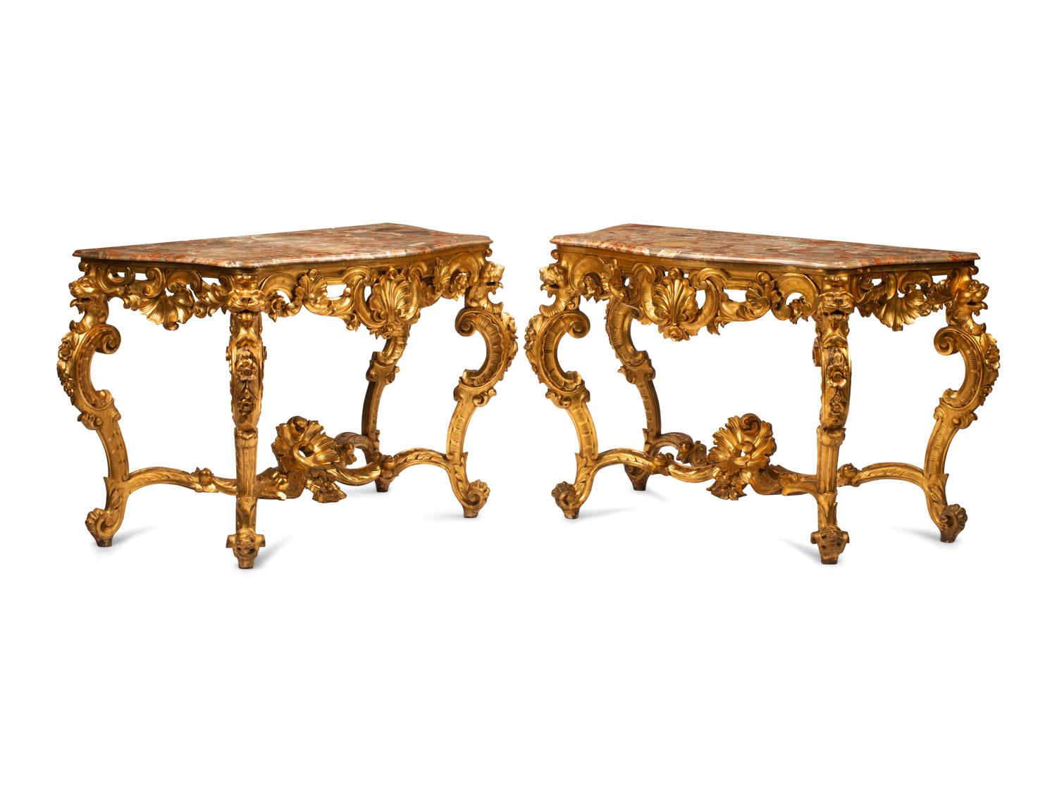 A Pair of Louis XV Style Giltwood Console Tables