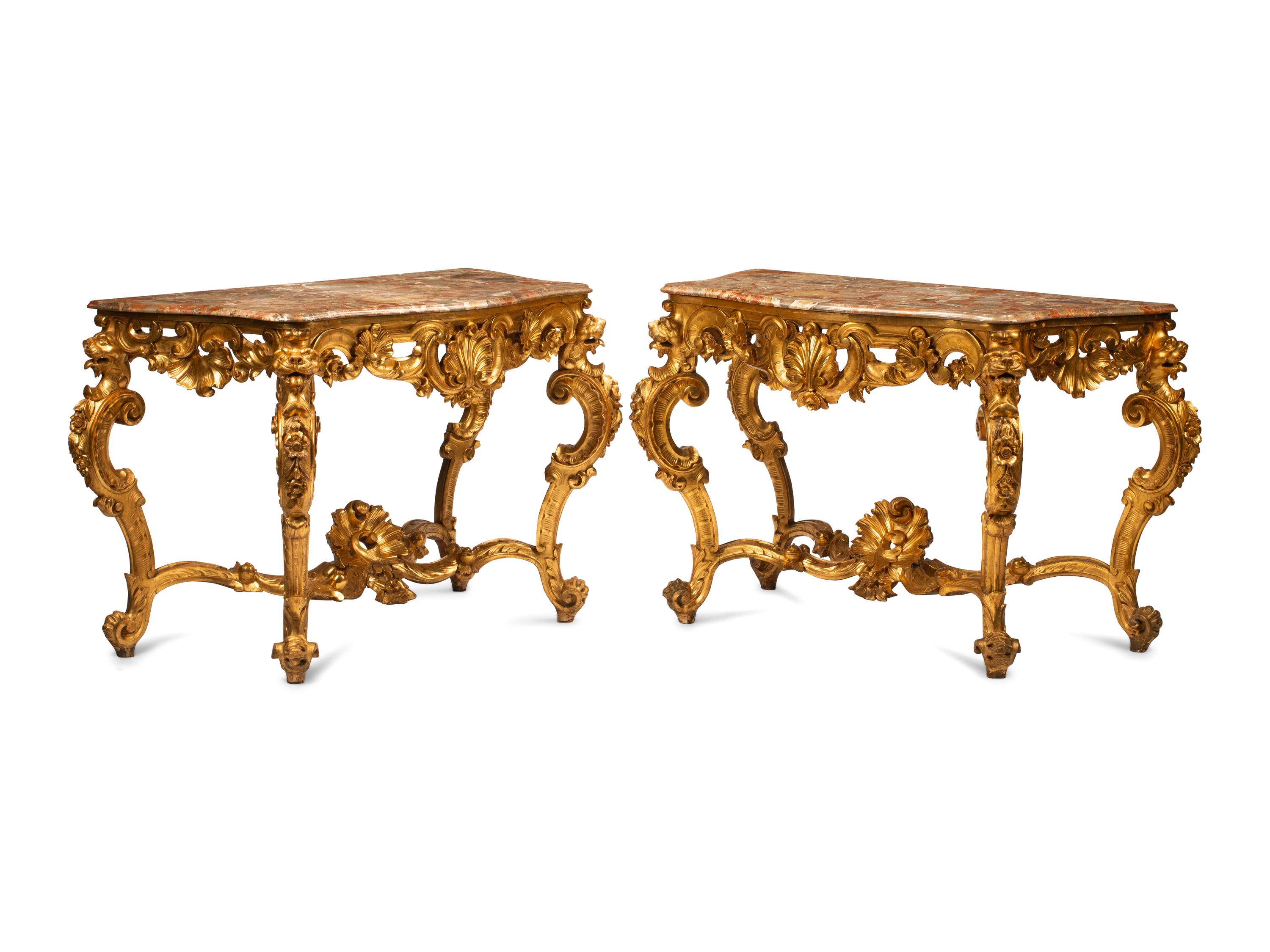 A Pair of Louis XV Style Giltwood Console Tables