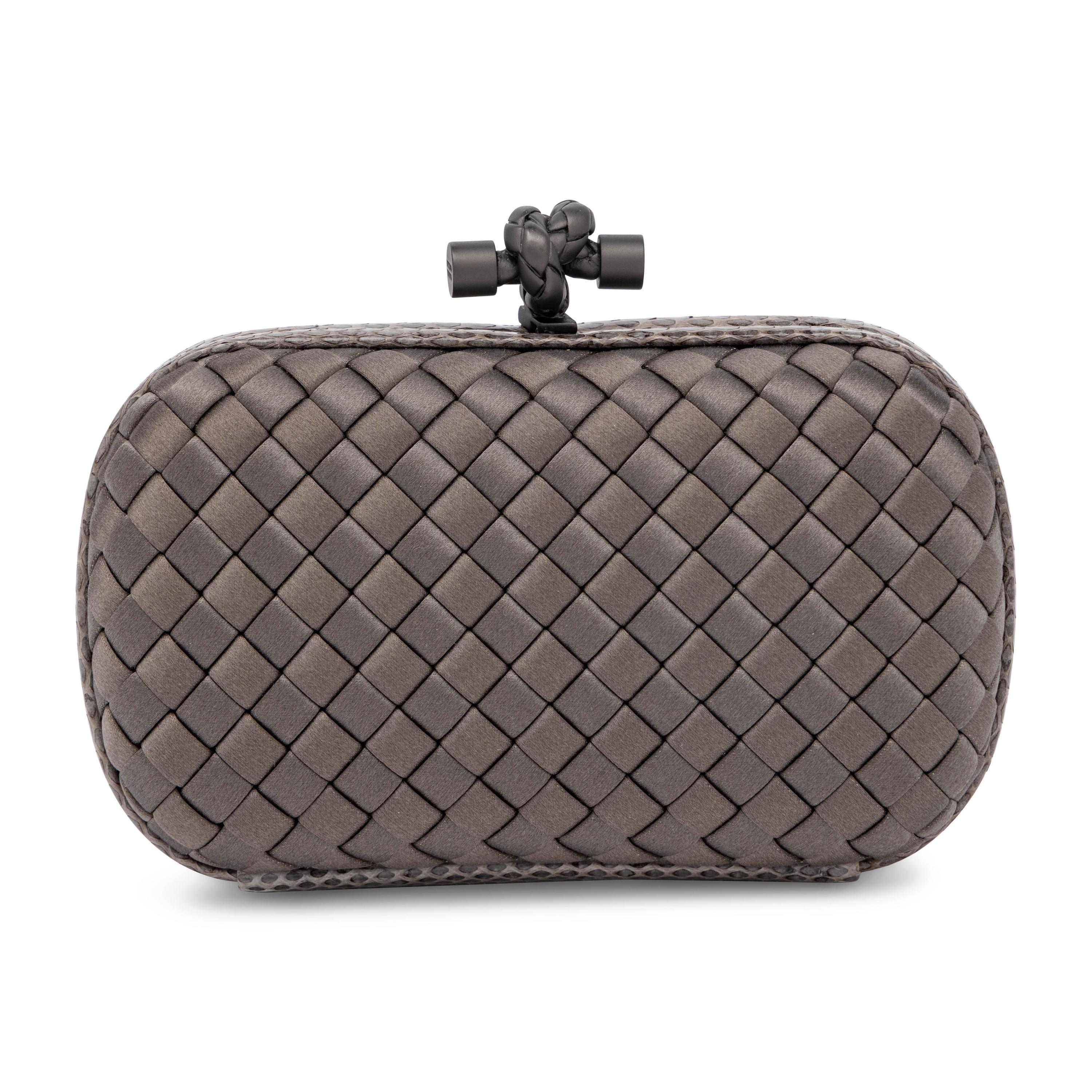 Bottega Veneta, Knot Clutch in Intrecciato Grey Satin & Snakeskin