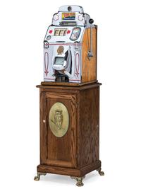 A Silver Dollar Standard Chief Slot Machine on Stand