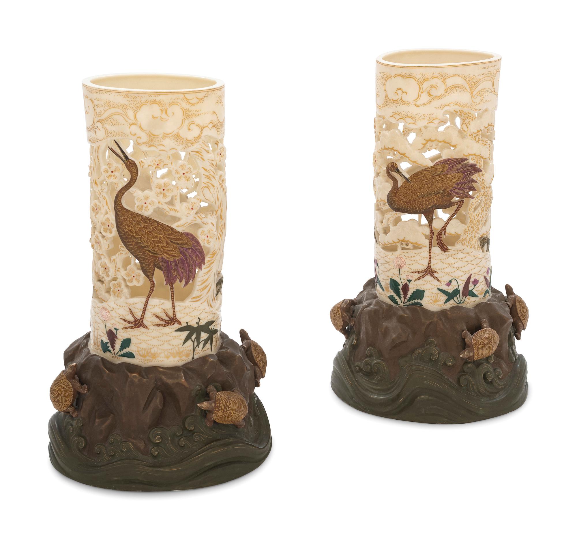 A Pair of Royal Worcester Aesthetic Movement Parcel Gilt Porcelain Vases