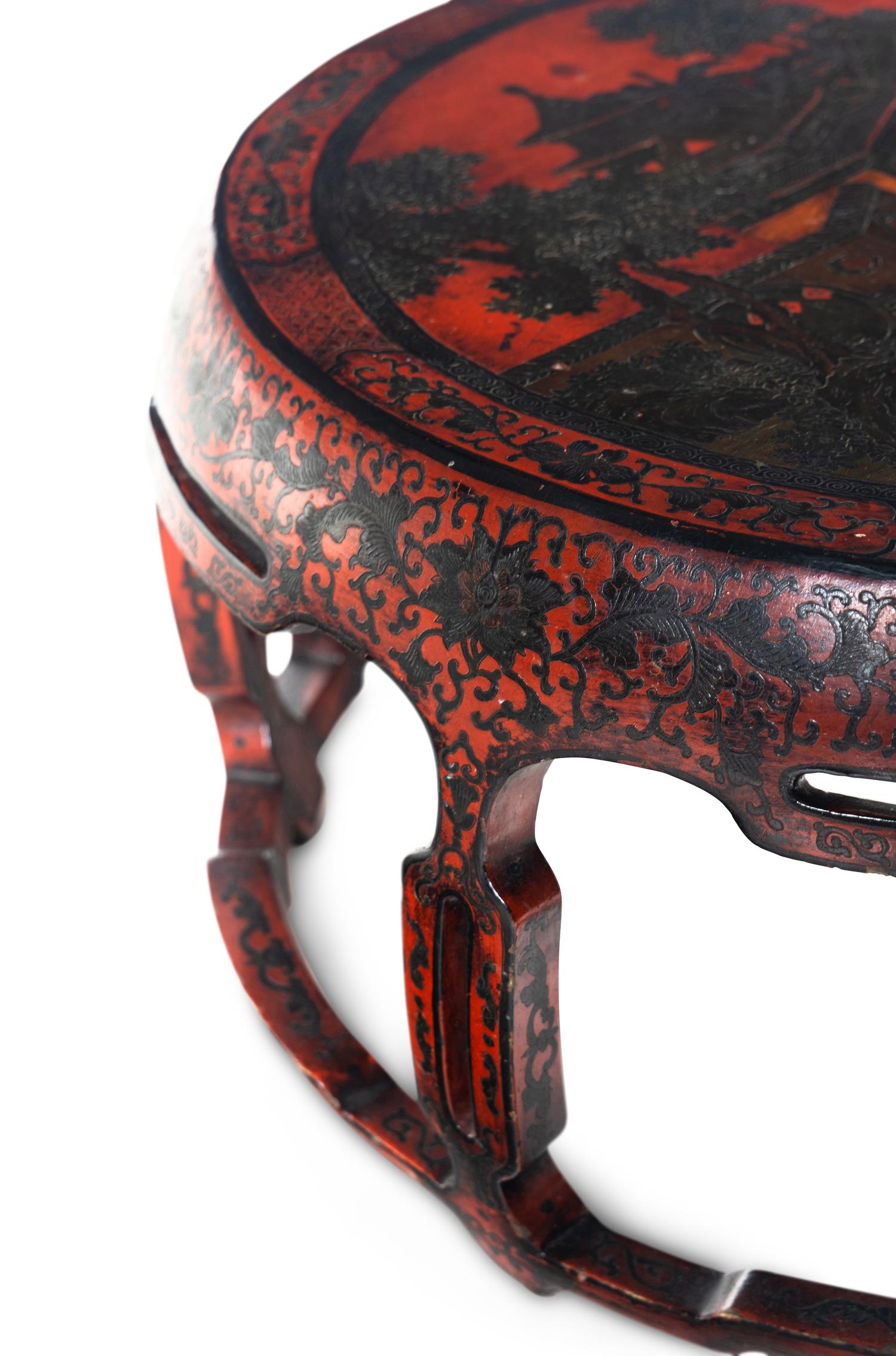A Large Chinese Painted Red Lacquered Wood Circular Low Table