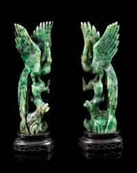 A Pair of Spinach Jade Figures of Birds Height of each 7 3/4 inches. — 20TH CENTURY