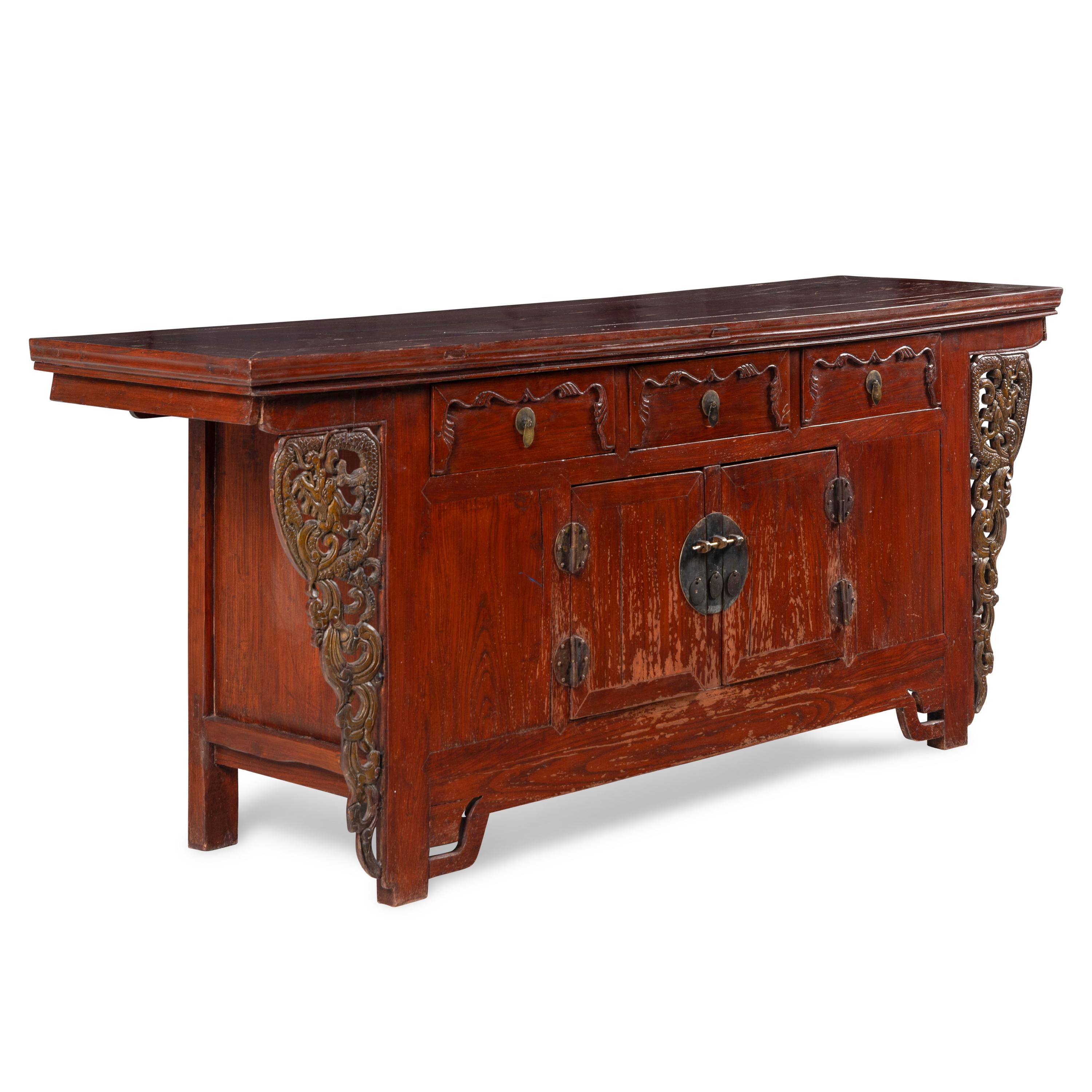 A Chinese Carved Hardwood Three-Drawer Altar Cabinet