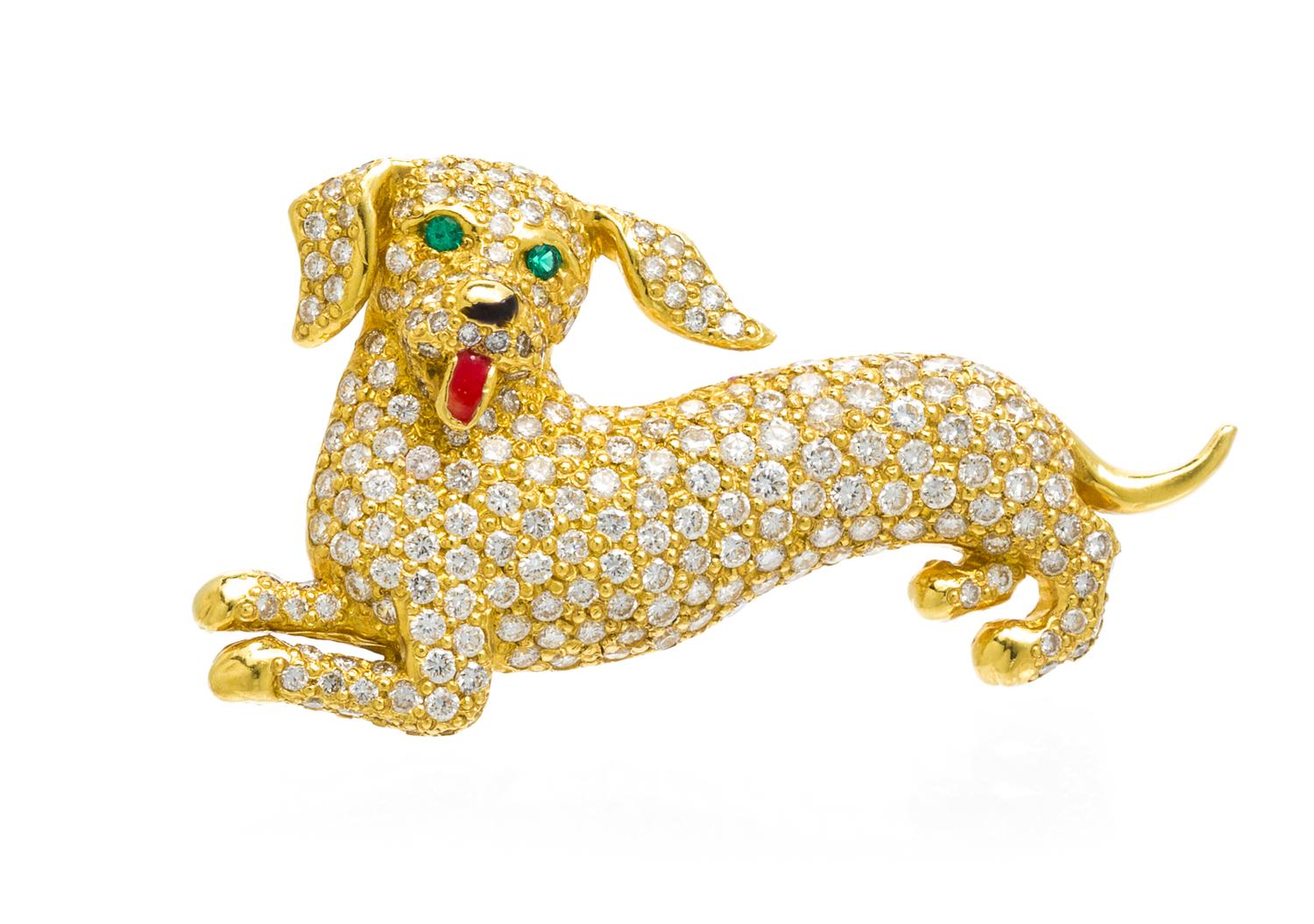 An 18 Yellow Gold, Diamond, Emerald and Polychrome Dog Brooch, 7.90 dwts.