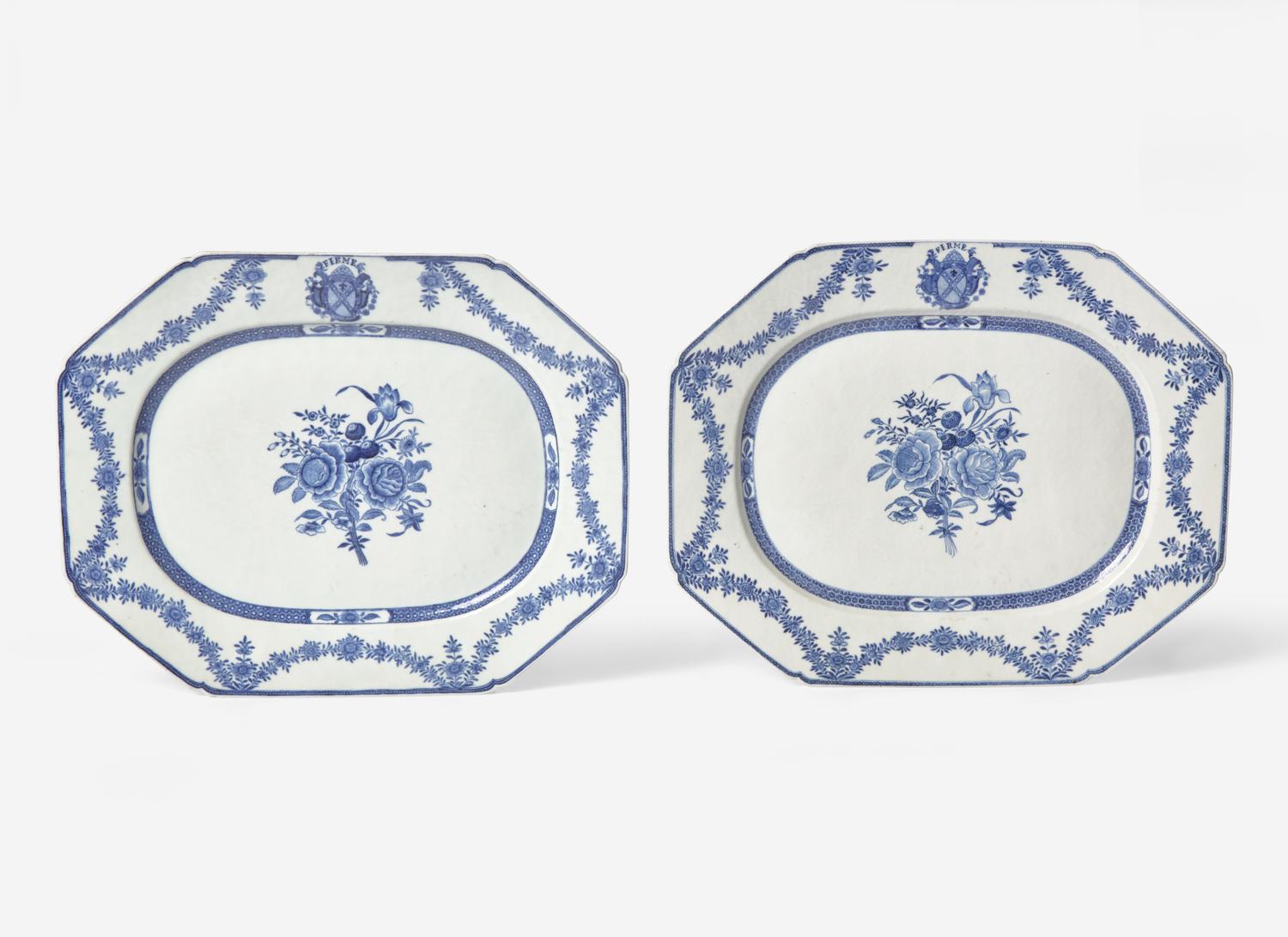 A Pair of Chinese Export Cobalt-Decorated Porcelain Armorial Serving Platters