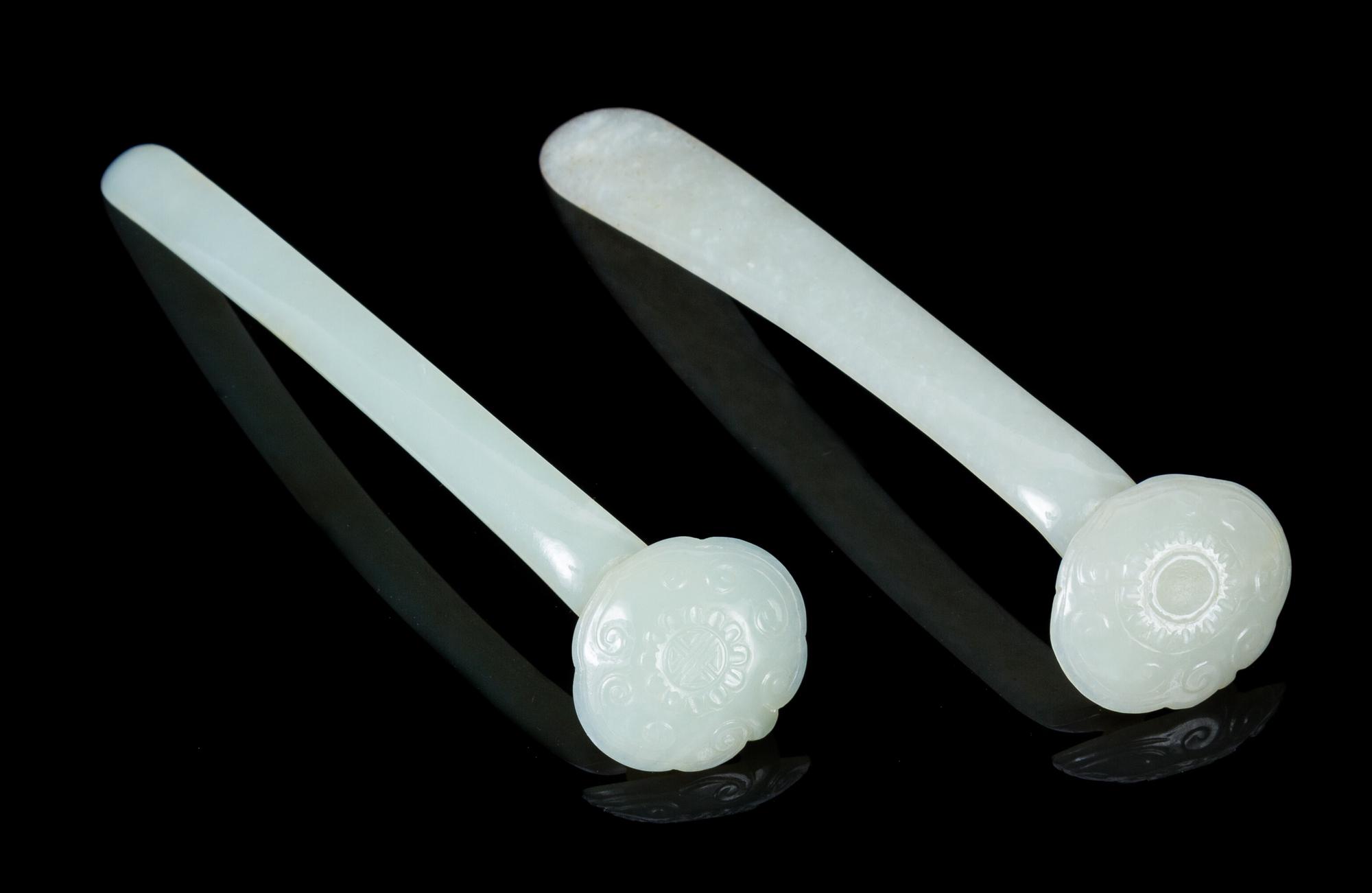 Two Celadon Jade Hairpins Length of longer 5 3/4 inches.