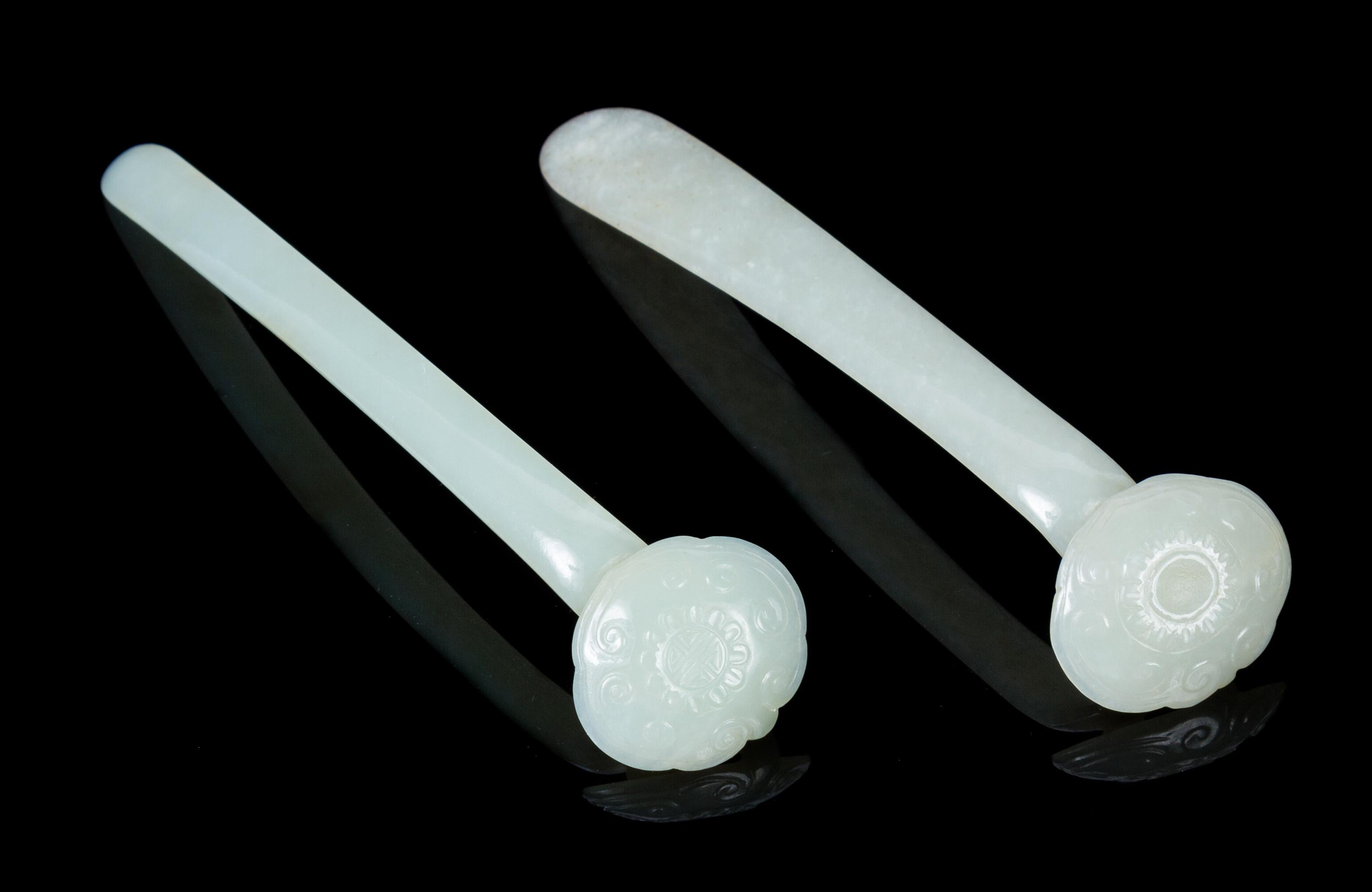 Two Celadon Jade Hairpins Length of longer 5 3/4 inches.