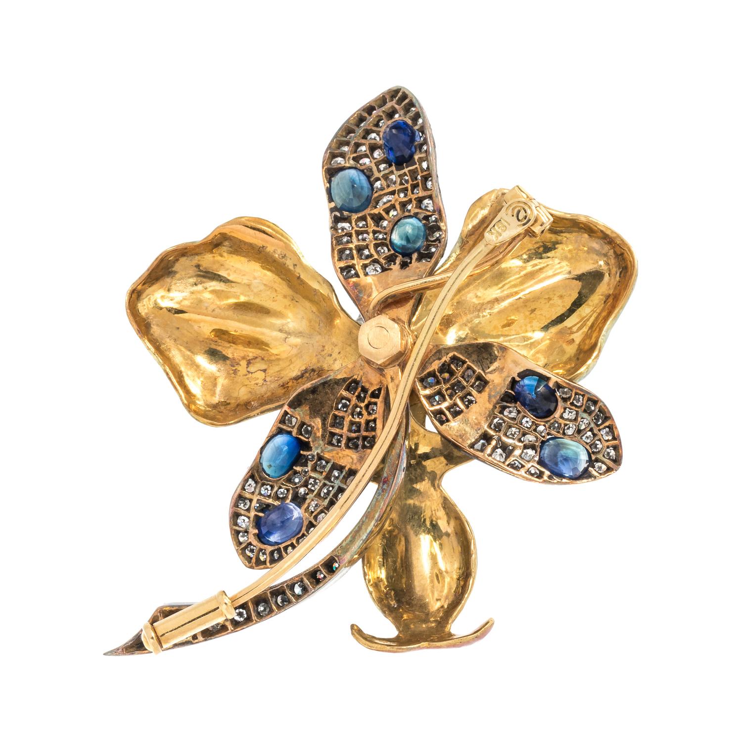 EVELYN CLOTHIER, DIAMOND, SAPPHIRE AND ENAMEL ORCHID BROOCH