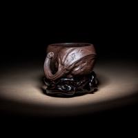 A Rare Yixing 'Eggplant' Coupe with Impressed Seal 'Yuan' and Wood Stand 陳鳴遠款秋茄水注