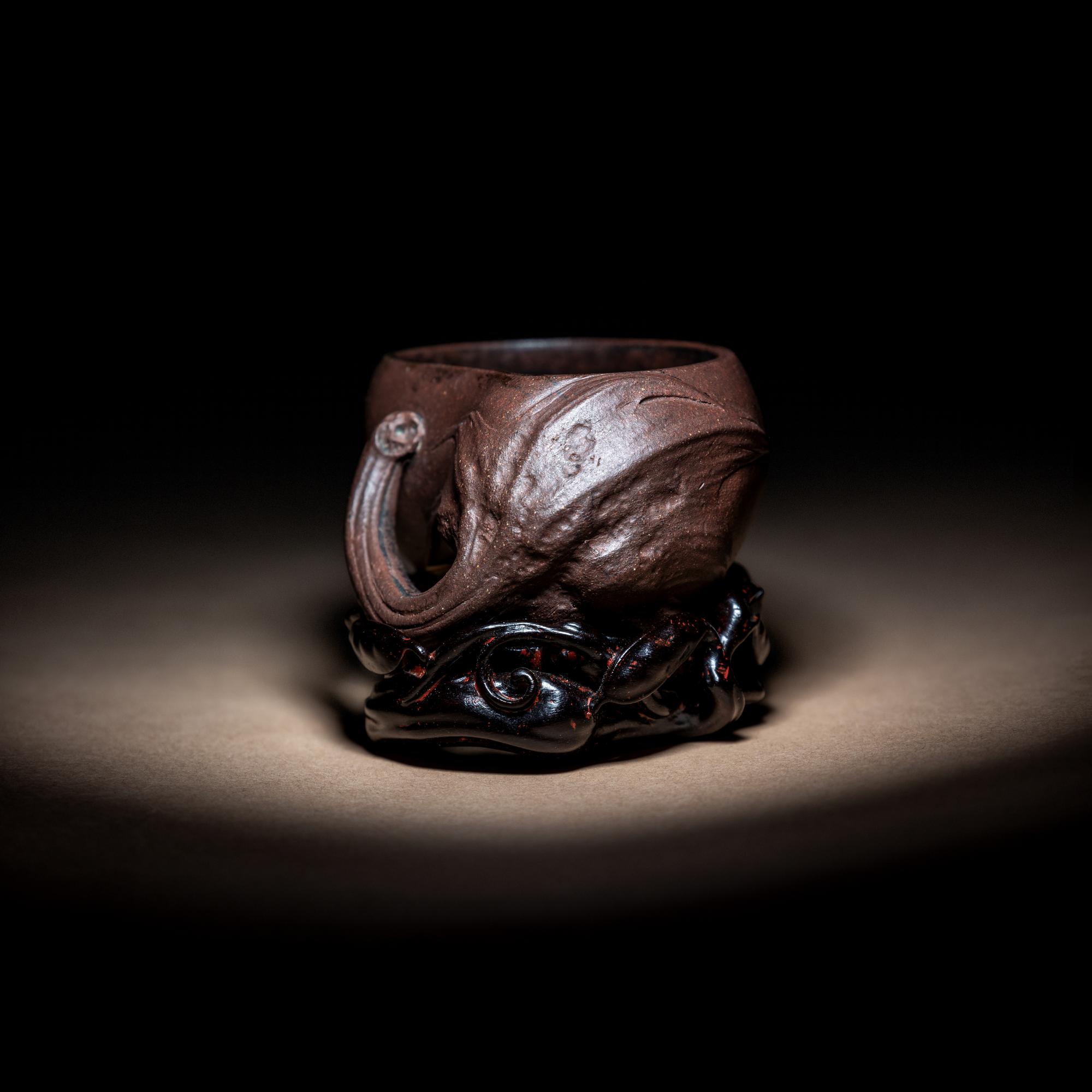 A Rare Yixing 'Eggplant' Coupe with Impressed Seal 'Yuan' and Wood Stand 陳鳴遠款秋茄水注