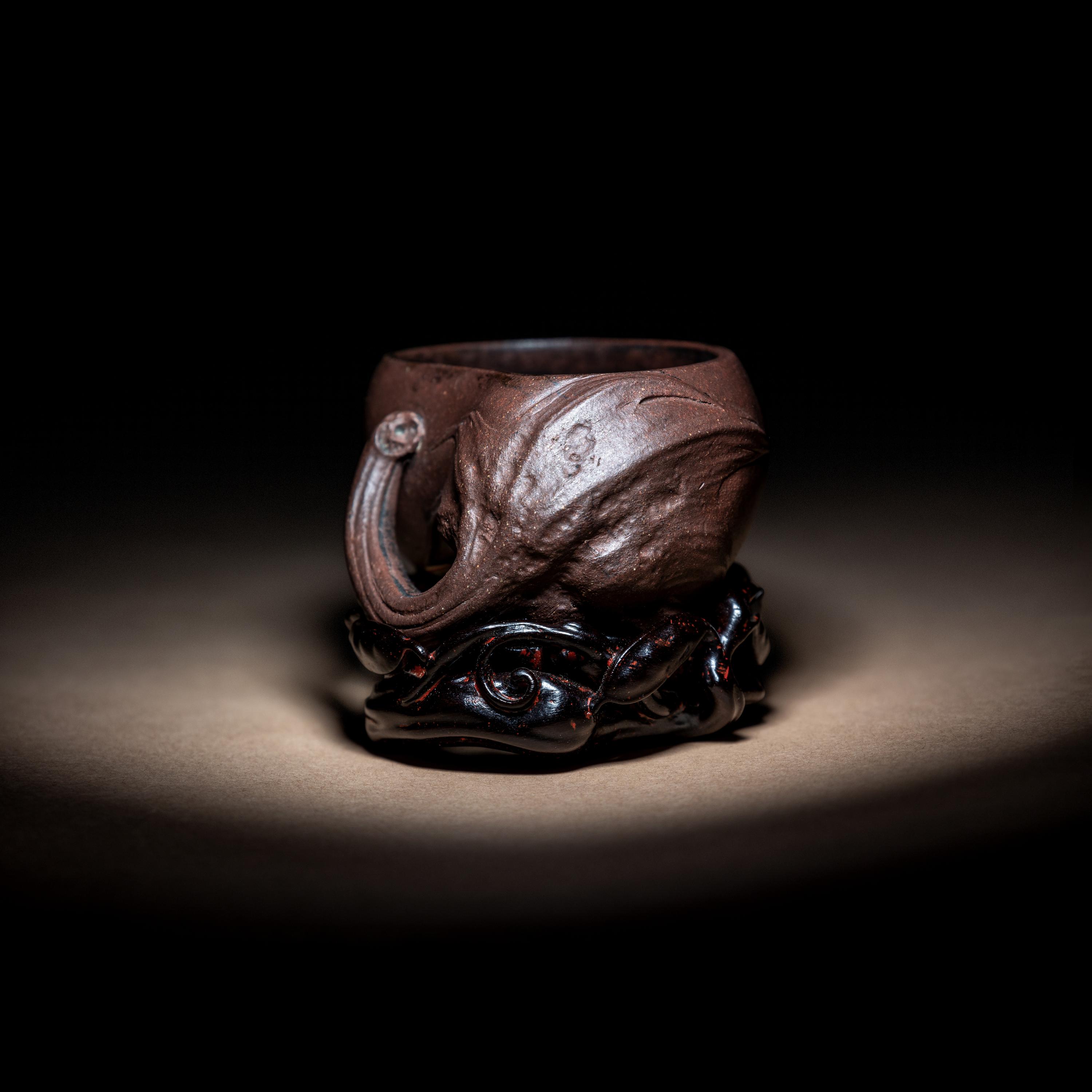 A Rare Yixing 'Eggplant' Coupe with Impressed Seal 'Yuan' and Wood Stand 陳鳴遠款秋茄水注