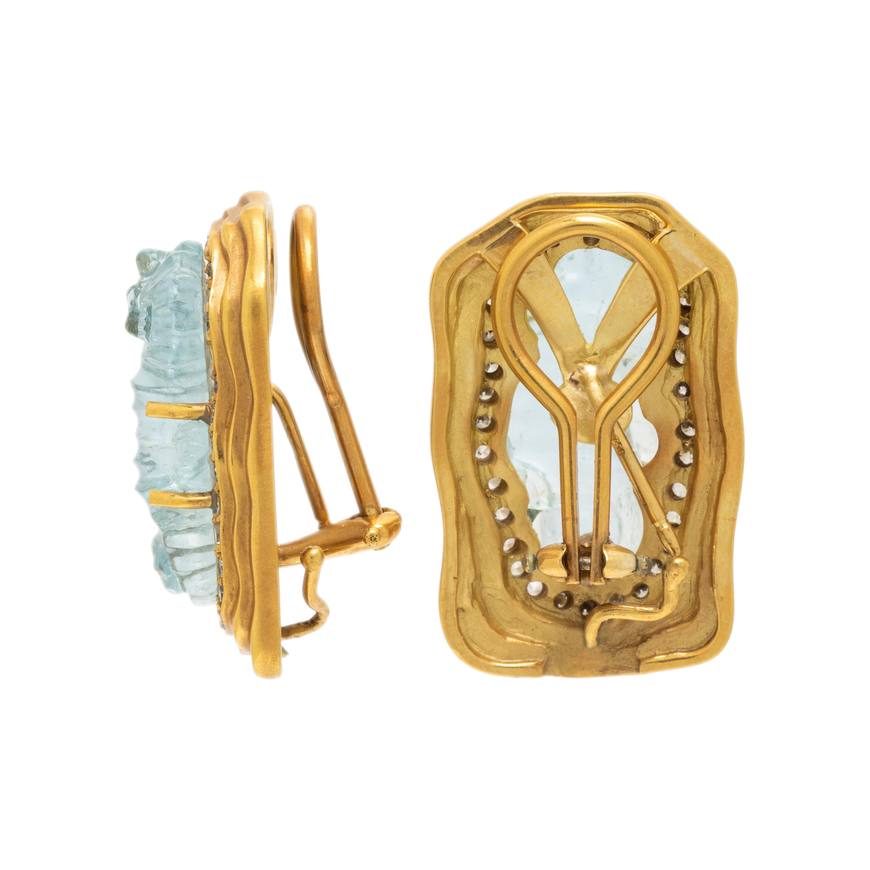 Aquamarine, Diamond, Cultured Pearl, and Yellow Gold Earrings