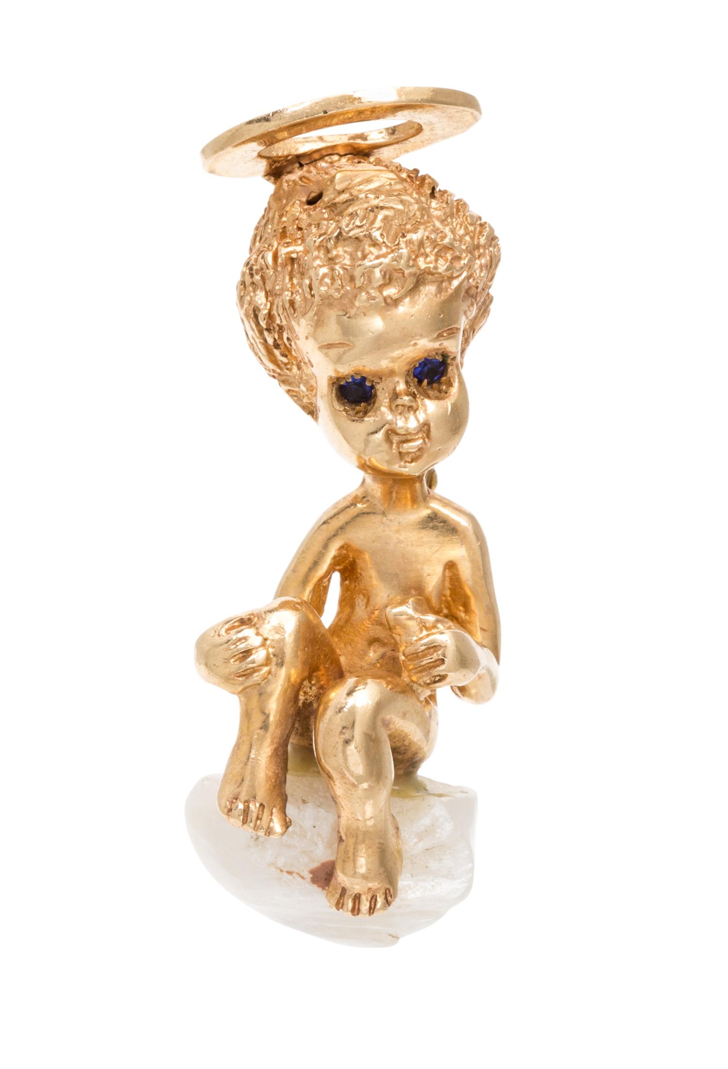 A 14 Karat Yellow Gold, Synthetic Sapphire and Cultured Baroque Pearl Angel Pin, Ruser, 8.30 dwts.