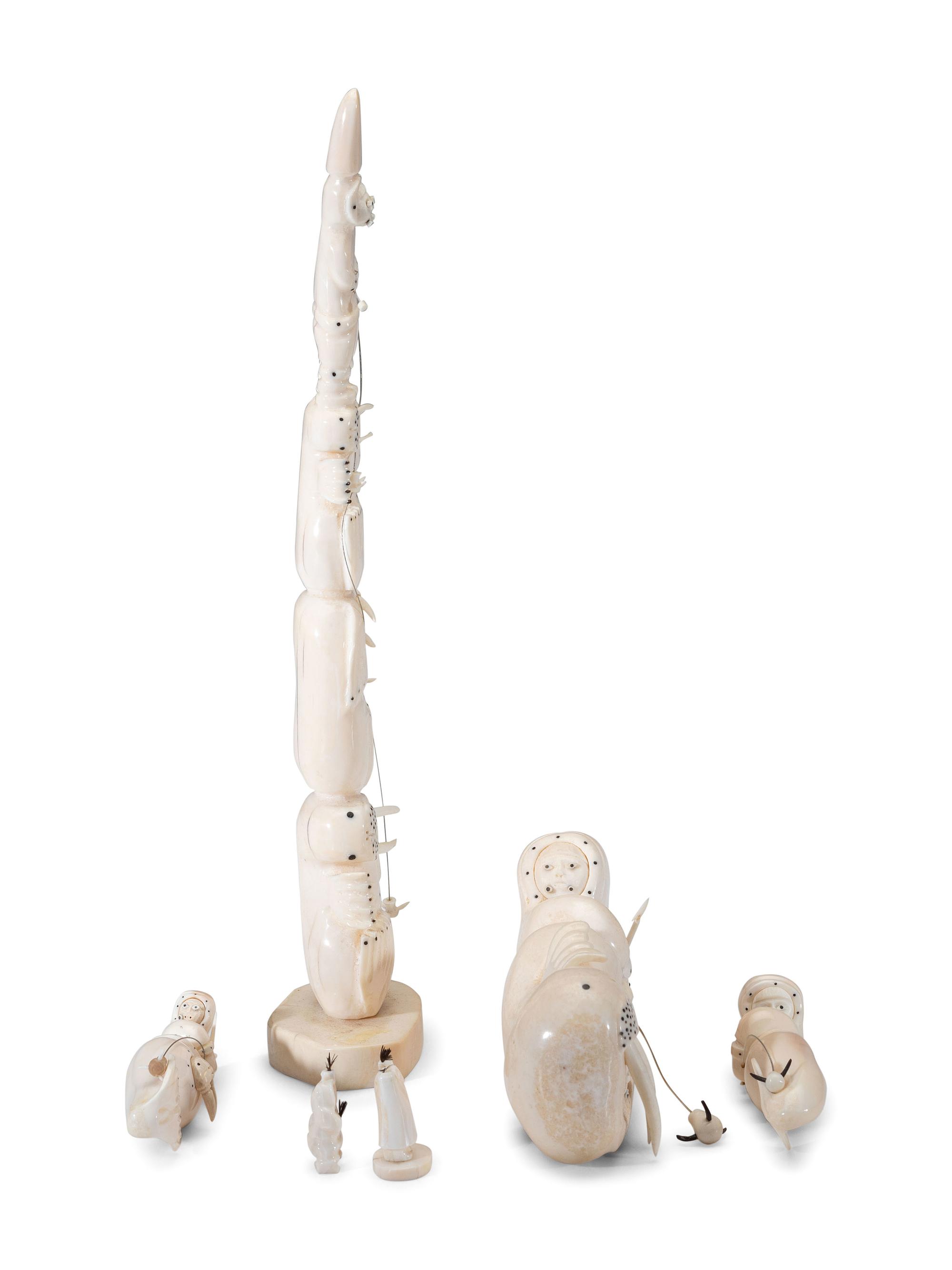 Carved Walrus Ivory Sculptures, with Baleen Inlay