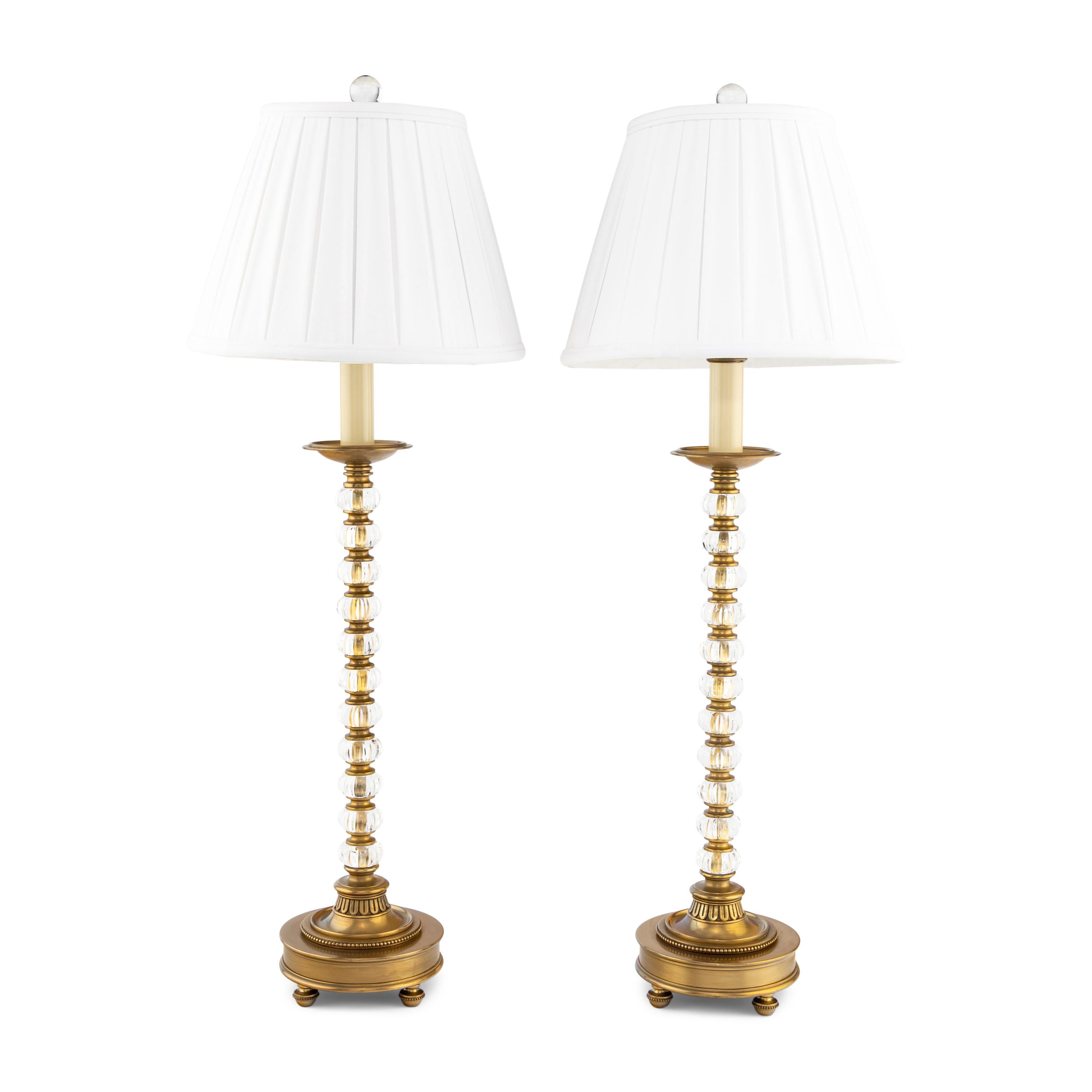 A Pair of Brass and Glass Table Lamps