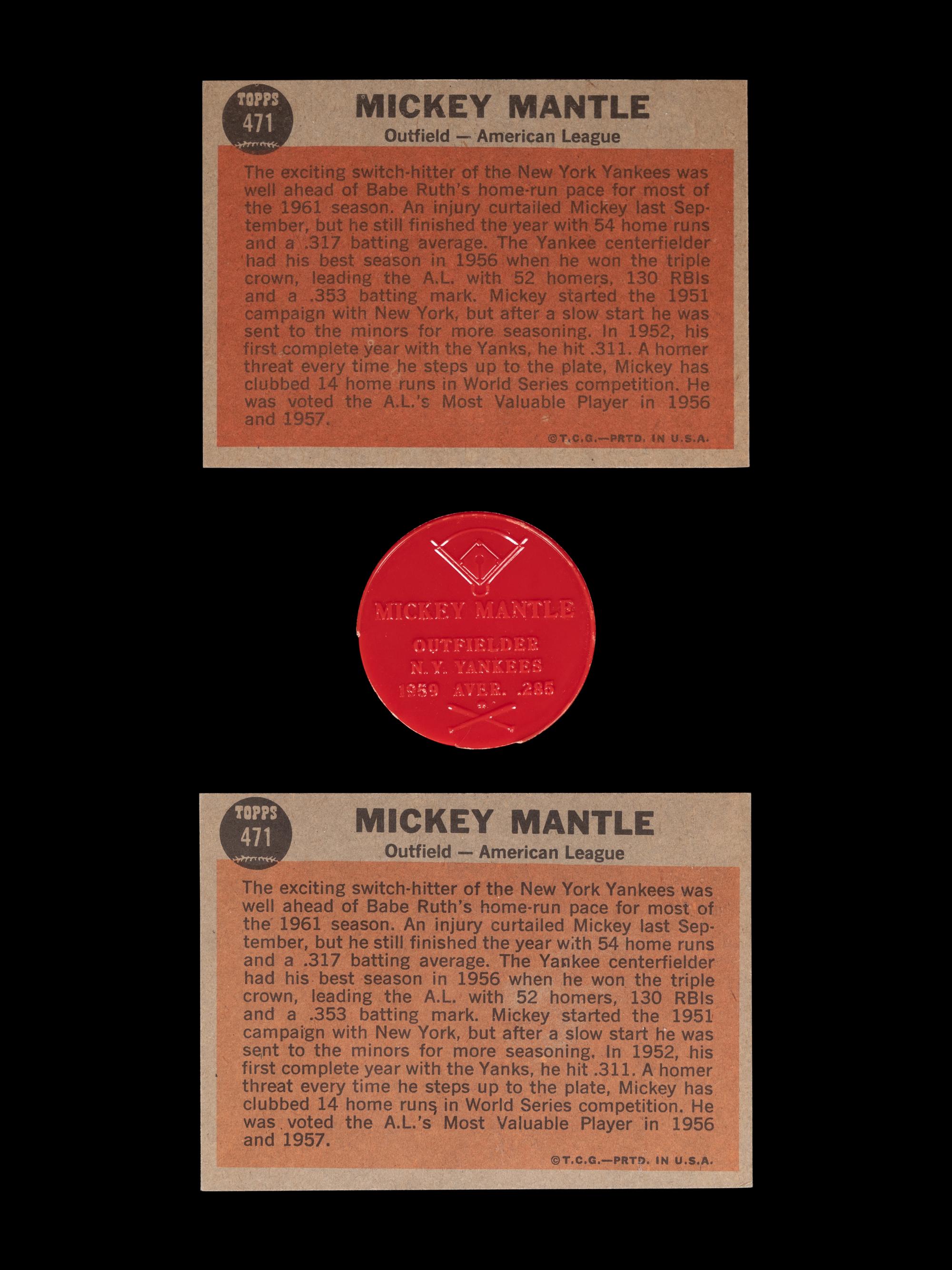A Group of Two 1962 Topps Mickey Mantle Baseball Cards (No. 471) and 1955 Armour Red Coin,