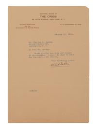 DU BOIS, William Edward Burghardt (1868-1963). Typed letter signed (“W. E. B. Du Bois”), as editor of The Crisis , to Charles H. Wesley. New York, 13 January 1930. 1 page, 8vo, on Editorial Rooms of The Crisis, National Association for the Advancement of Colored People letterhead, evenly toned, light creasing.