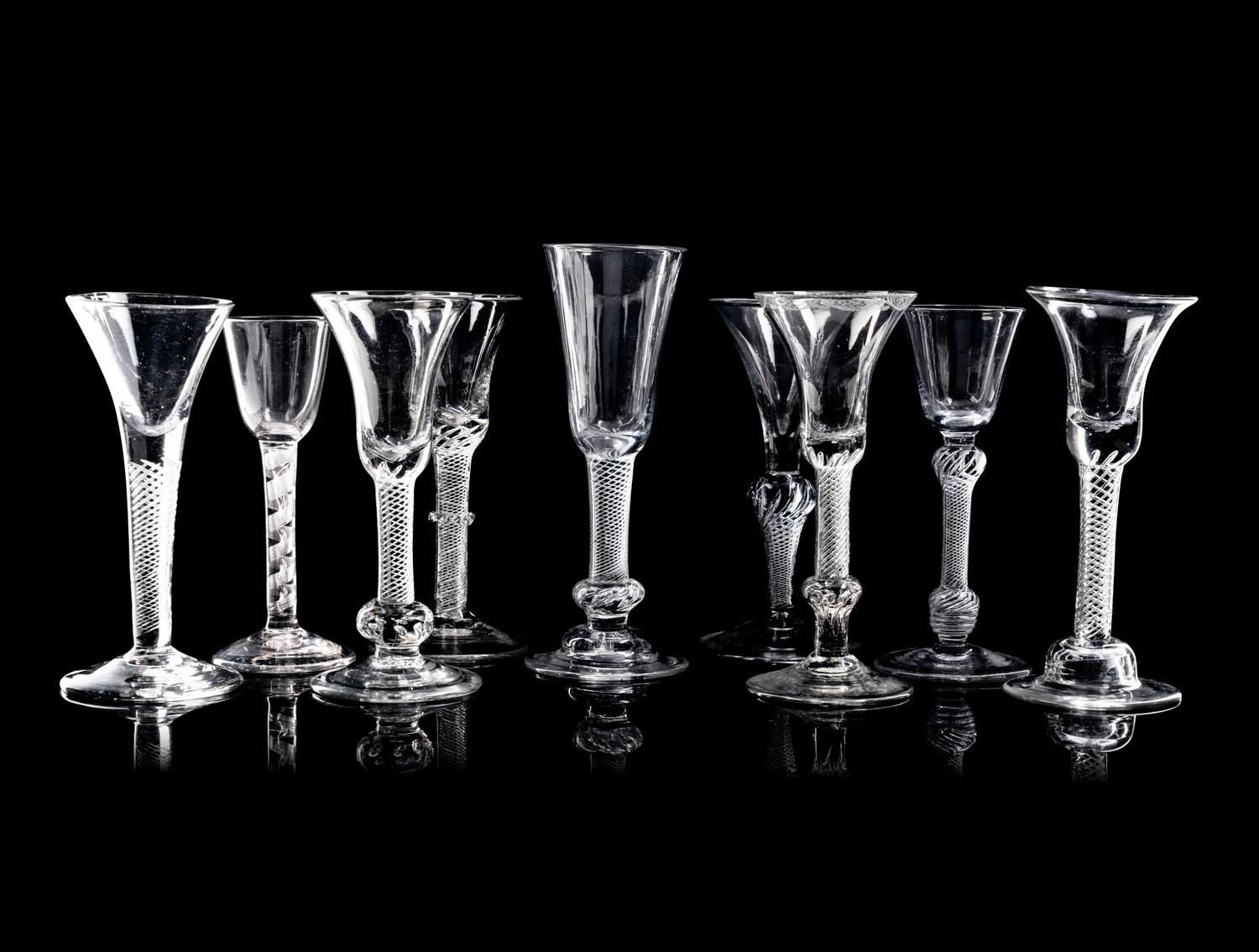 A Collection of Nine English Air Twist Wine and Ale Glasses