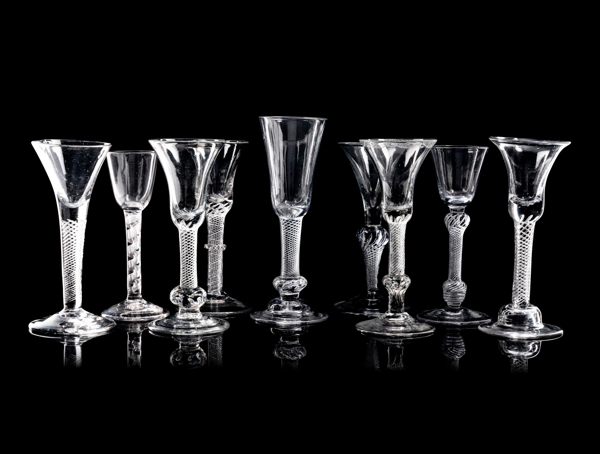 A Collection of Nine English Air Twist Wine and Ale Glasses