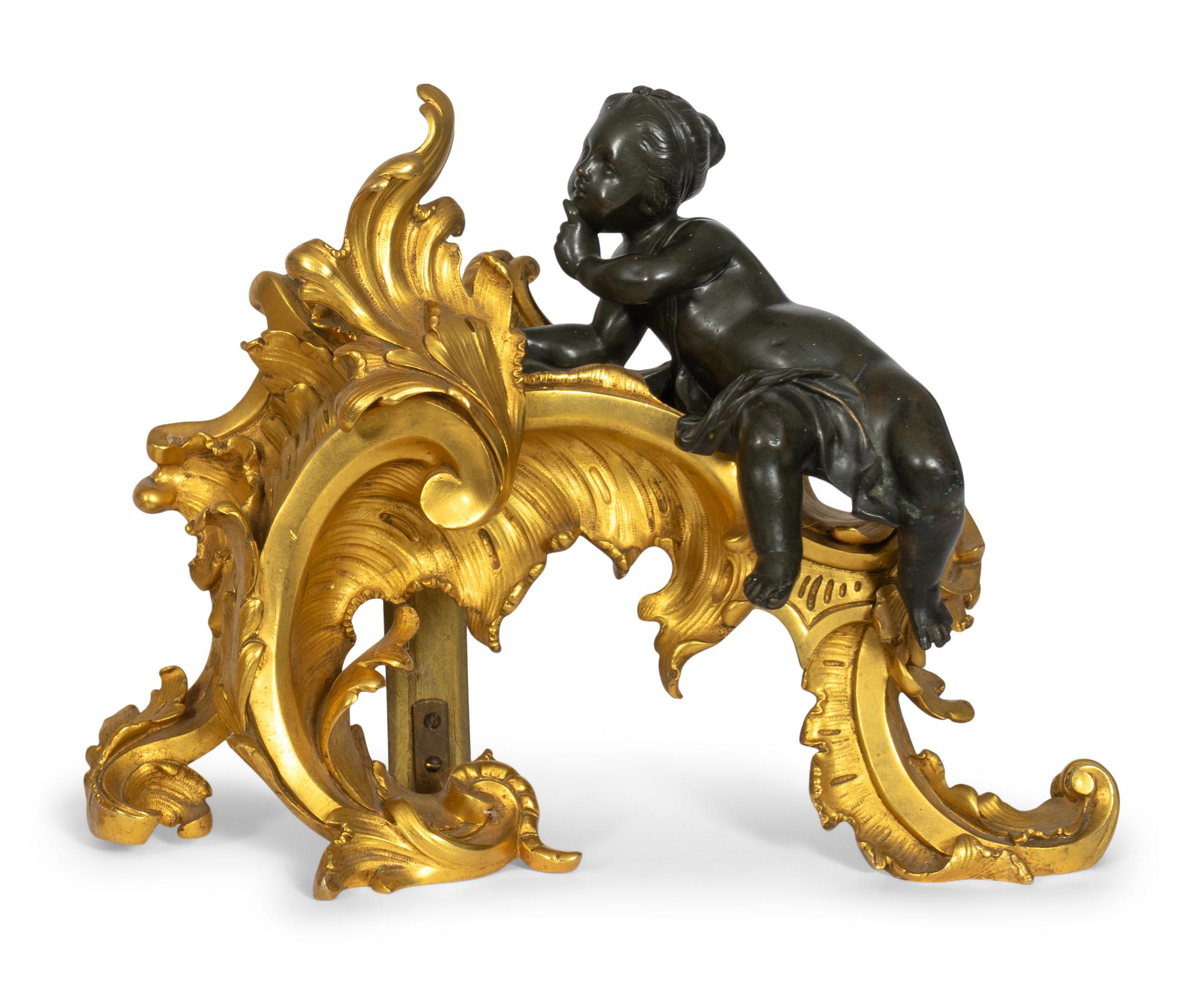 A Pair of Louis XV Style Gilt and Patinated Bronze Chenets