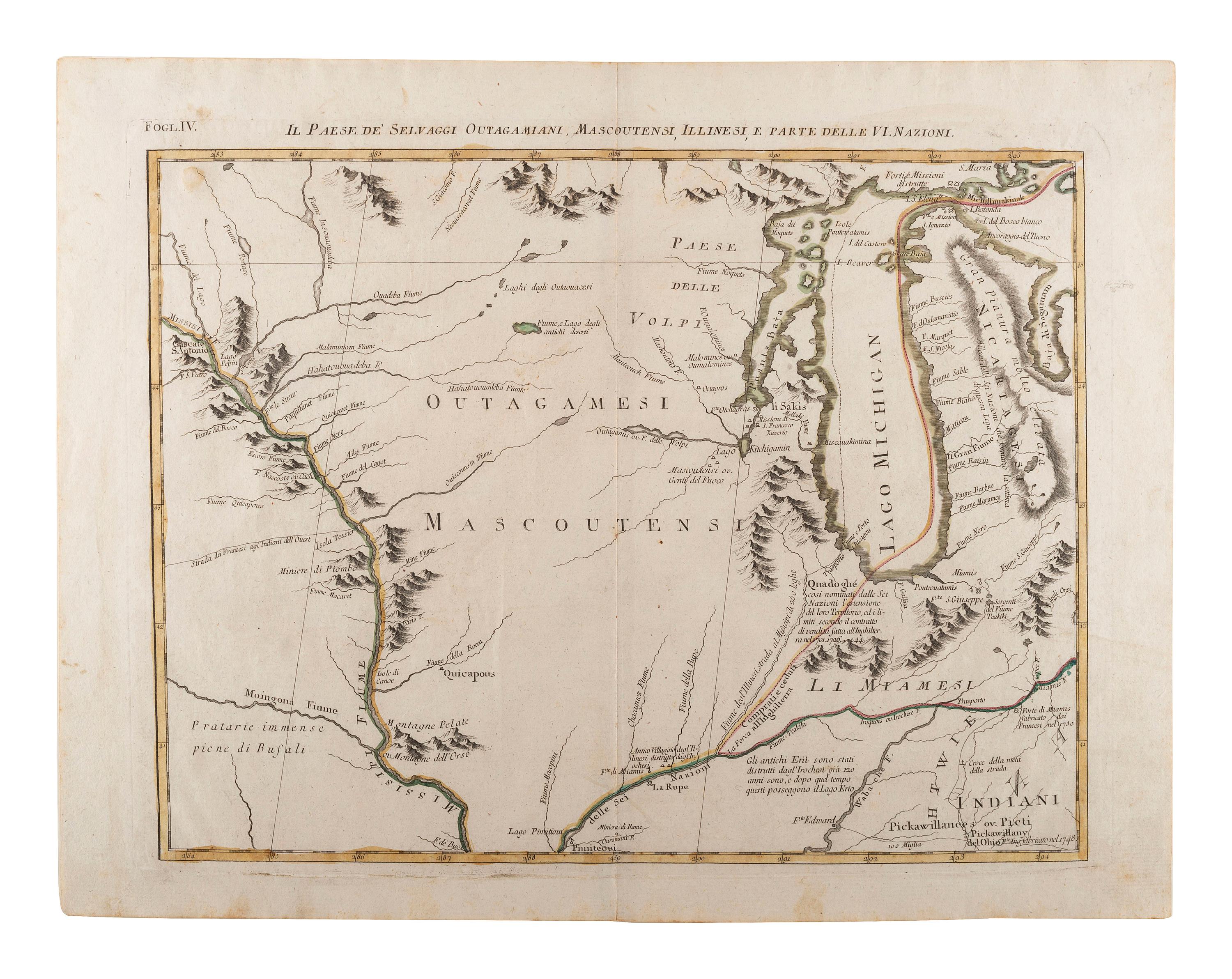 [MAPS & ATLASES]. ZATTA, Antonio (fl. 1757-1797). Il Paese de' Selvaggi Outagamiani, Mascoutensi, Illinesi, e Parte Delle VI. Nazioni. [Venice, 1778].