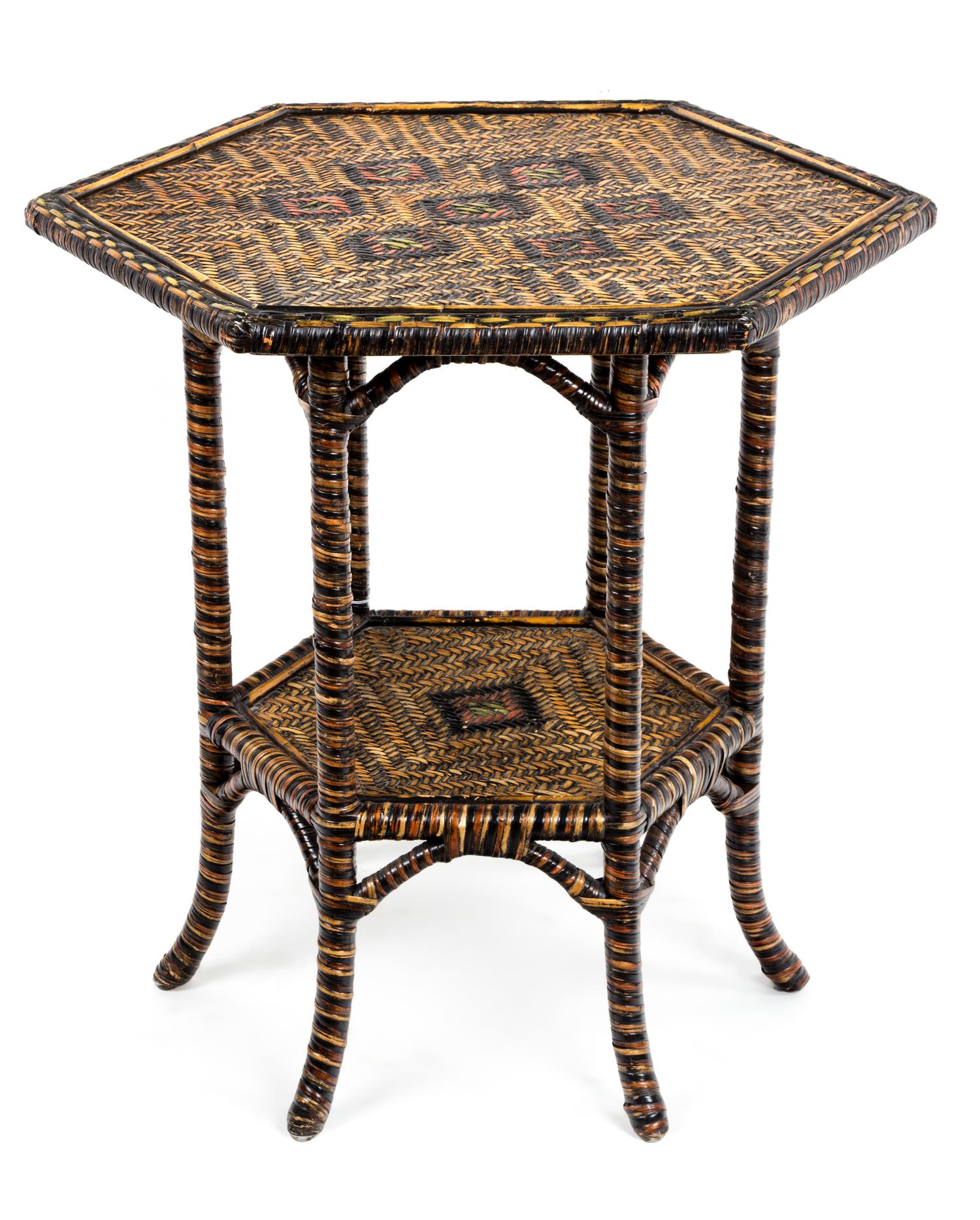 A Hexagonal Rattan Table Height 29 1/2 inches.