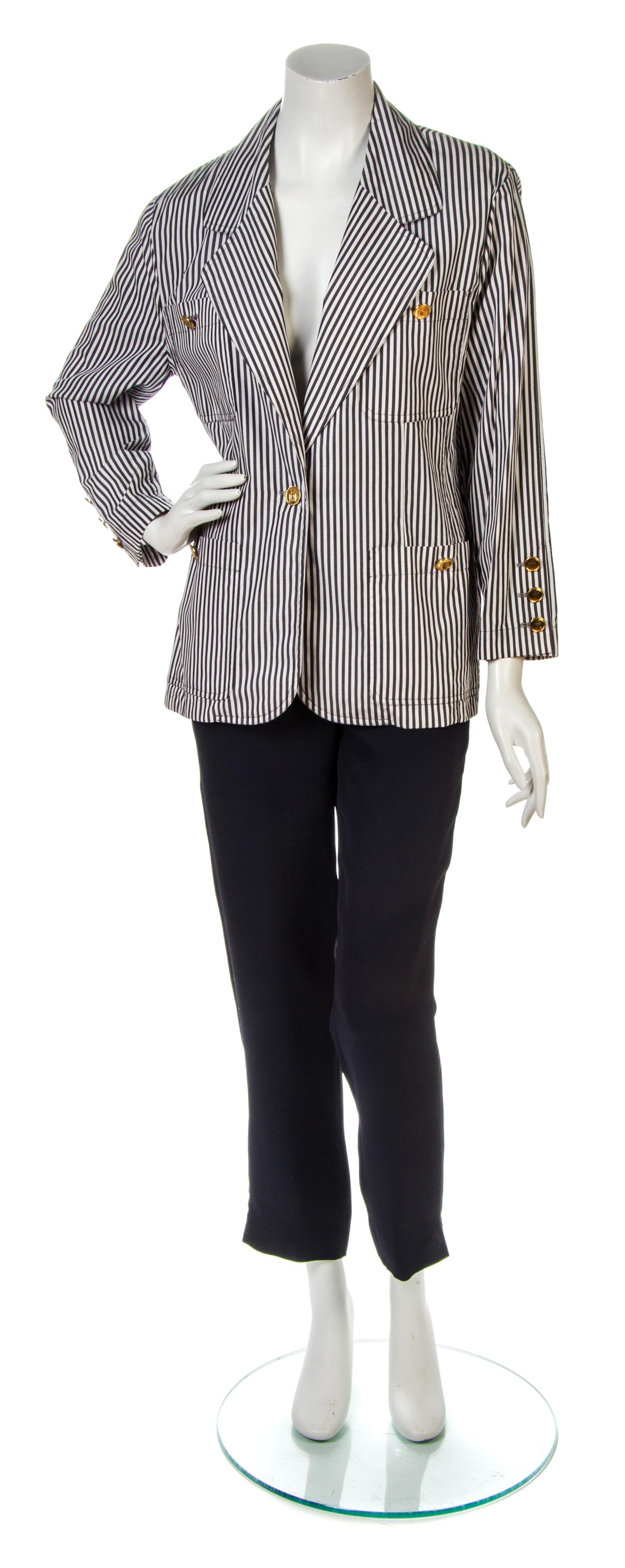 A Chanel White and Gray Cotton Striped Jacket, Jacket size 36, pants size 42.