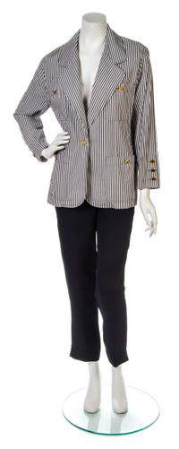 A Chanel White and Gray Cotton Striped Jacket, Jacket size 36, pants size 42.