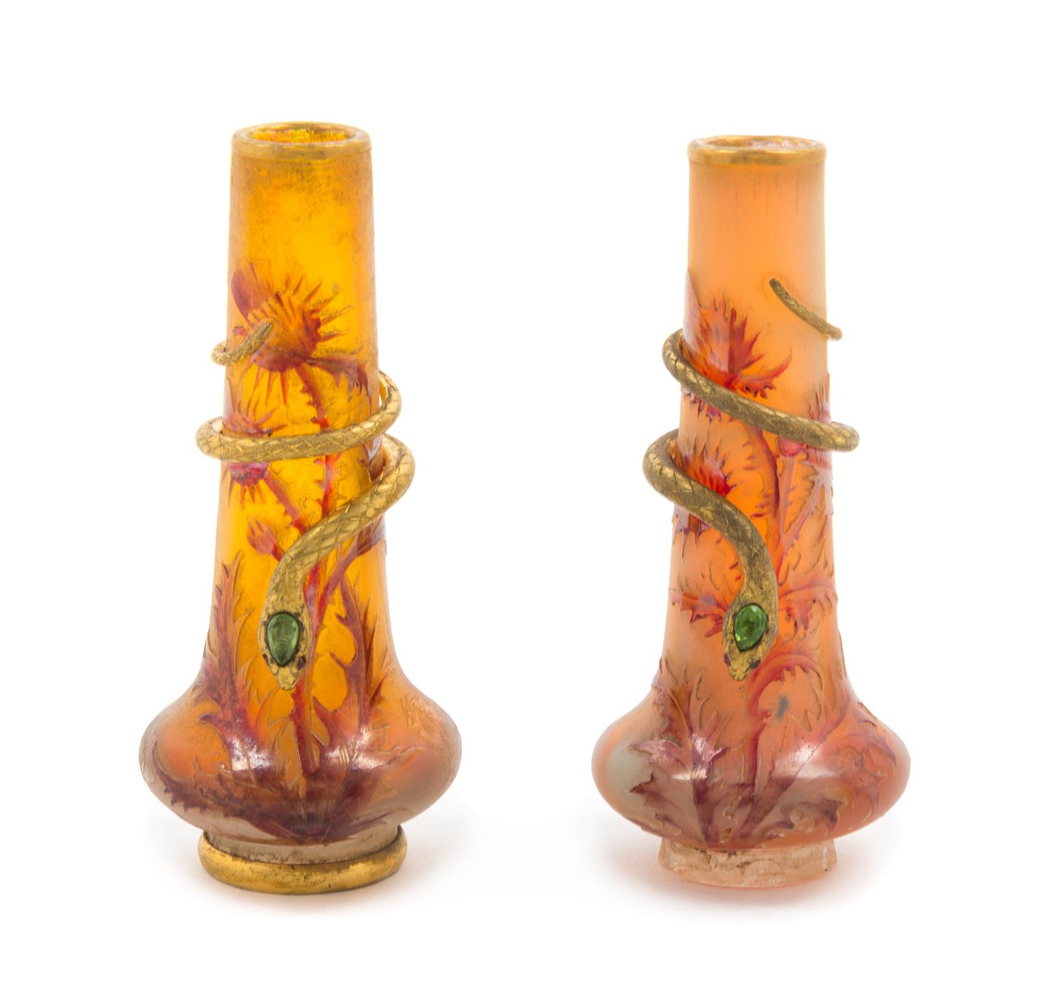 A Pair of Gilt Metal Mounted French Cameo Glass Cabinet Vases, likely Daum Height 5 inches.