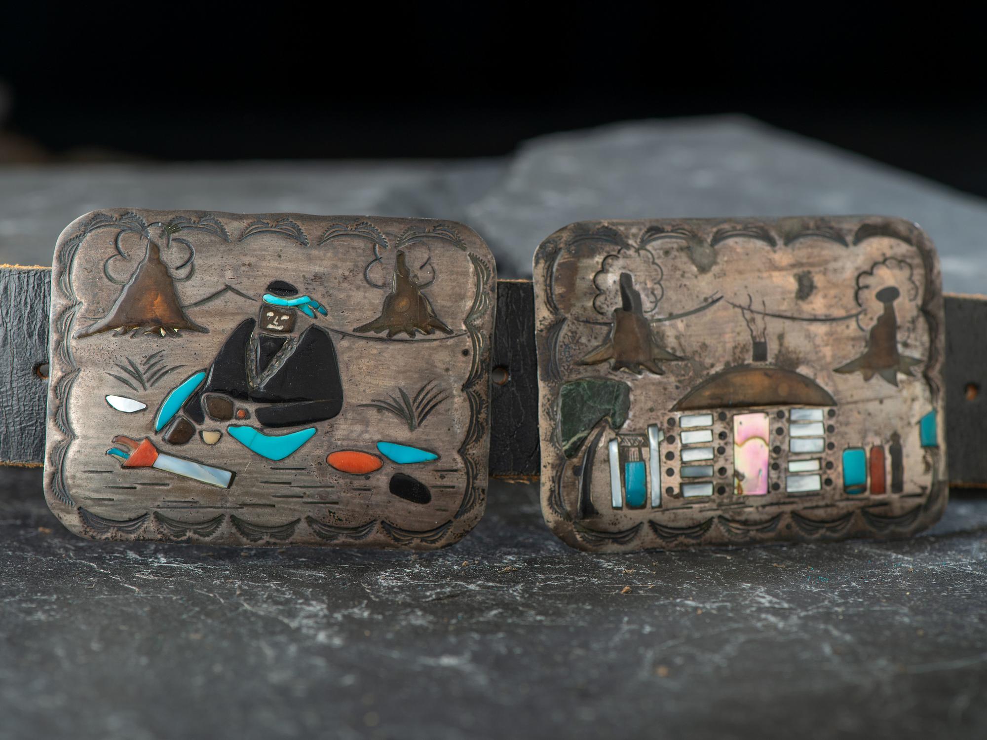 Navajo Silver Storyteller Concha Belt, with Inlay
