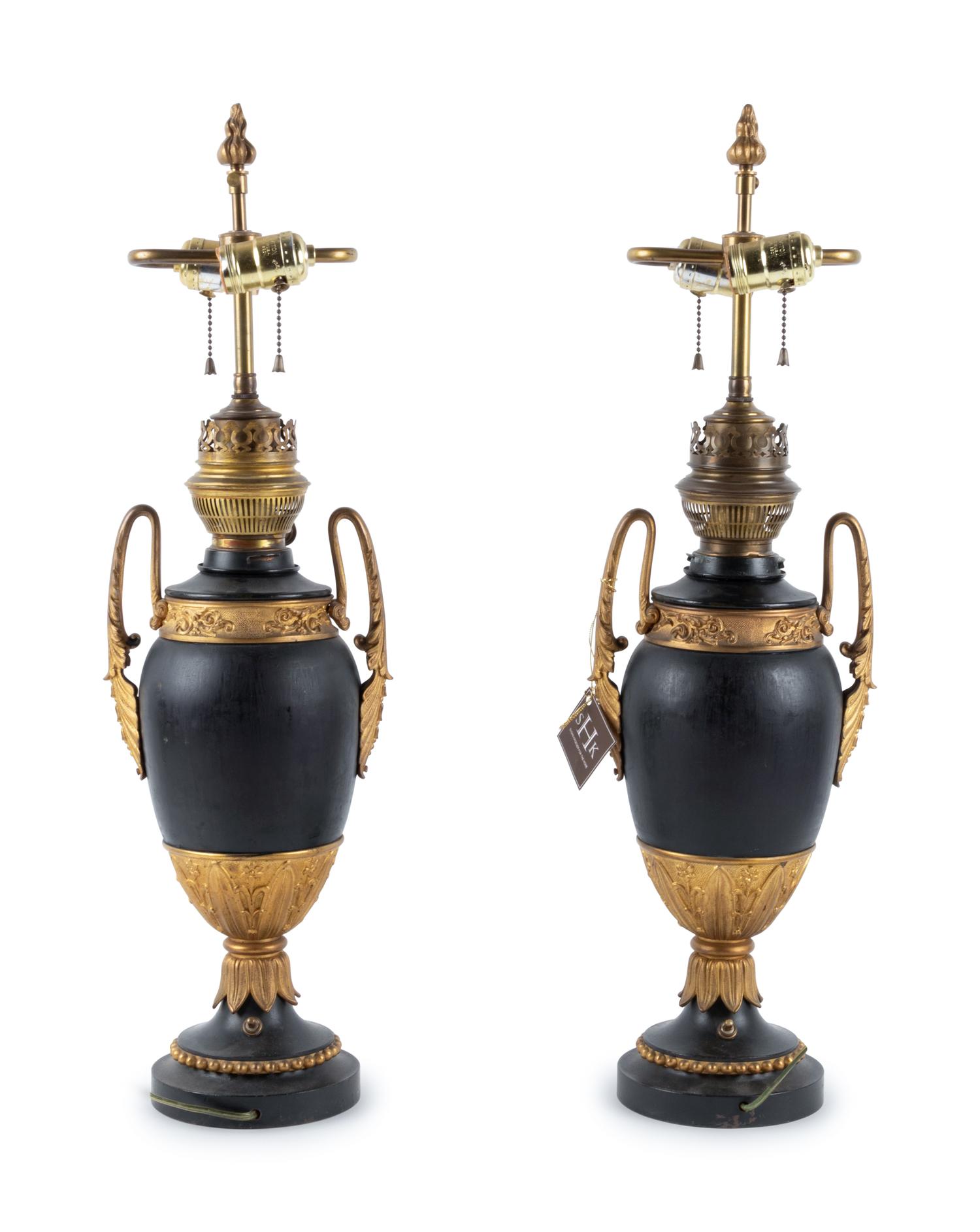 A Pair of Continental Neoclassical Style Urn-Form Electrified Oil Lamps