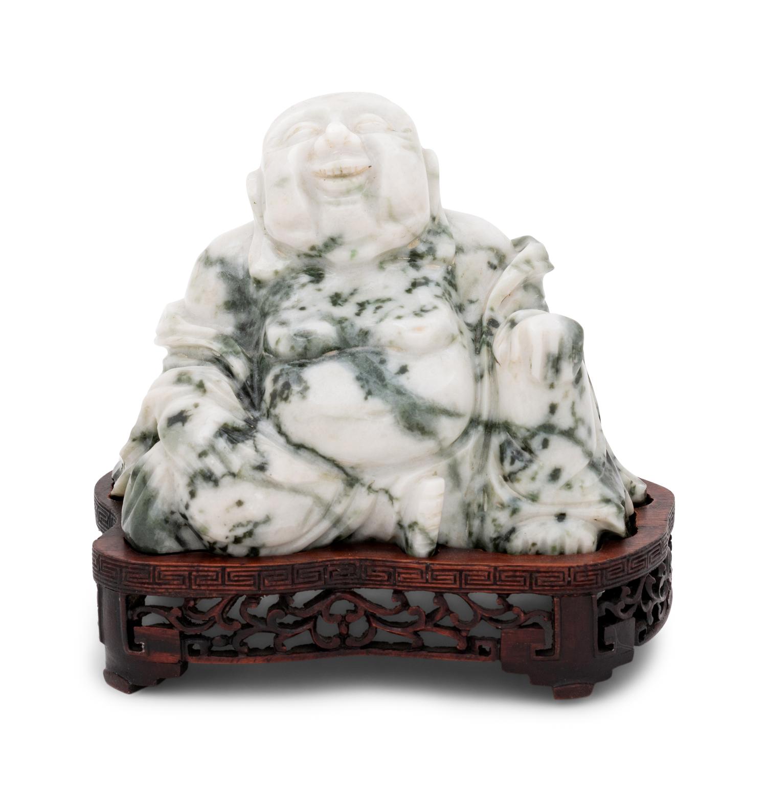 A Chinese Green and White Hardstone Figure of Laughing Buddha