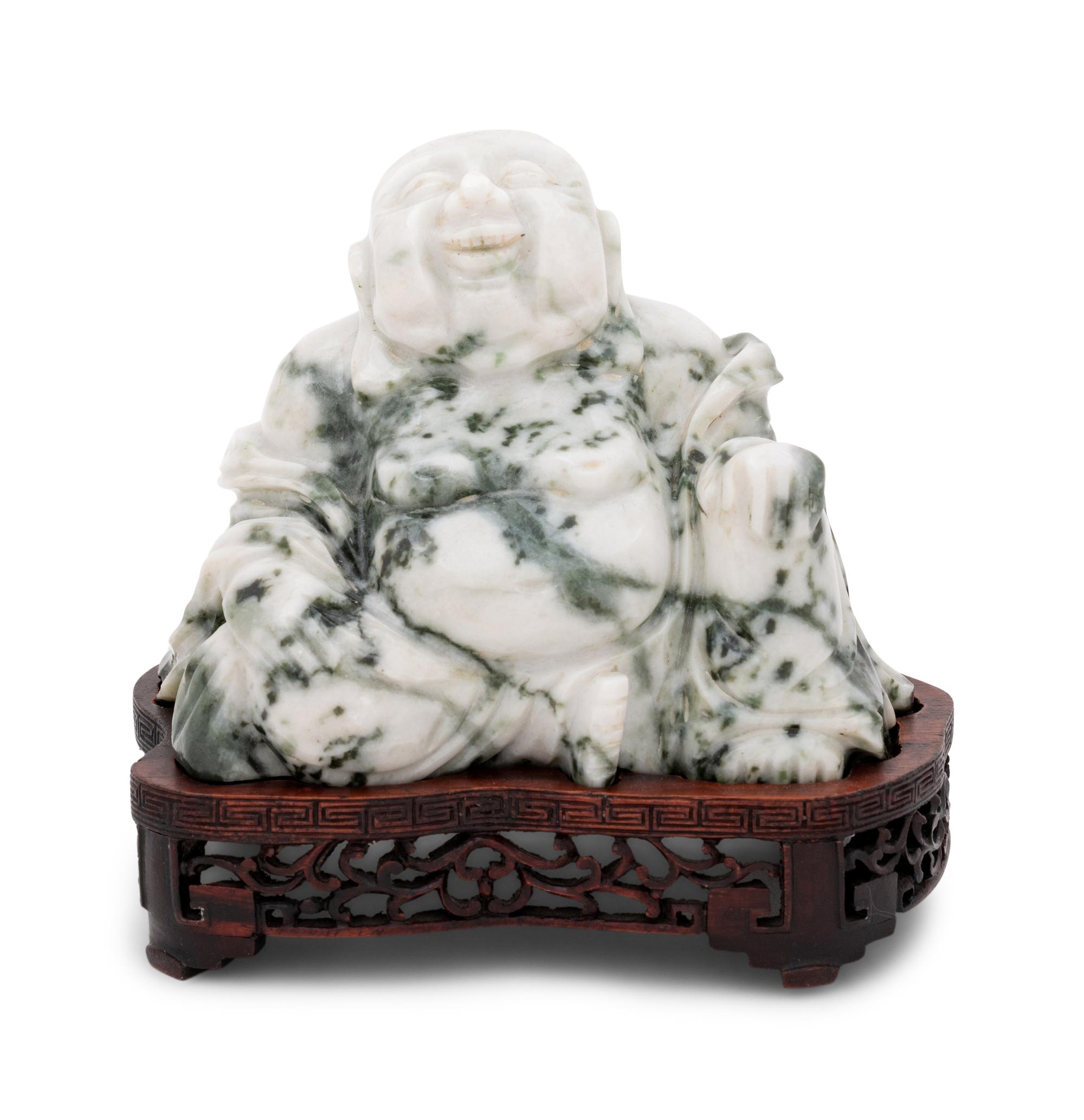 A Chinese Green and White Hardstone Figure of Laughing Buddha