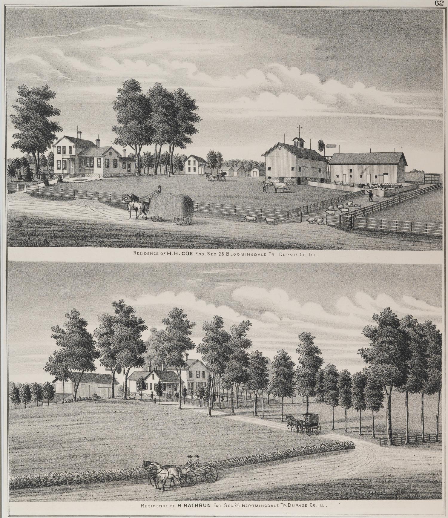 Printed City Views and Farm Scenes of Bloomingdale and Dupage County, Ill. N.p.: N.d. 23 x 21 In. Matted and framed.