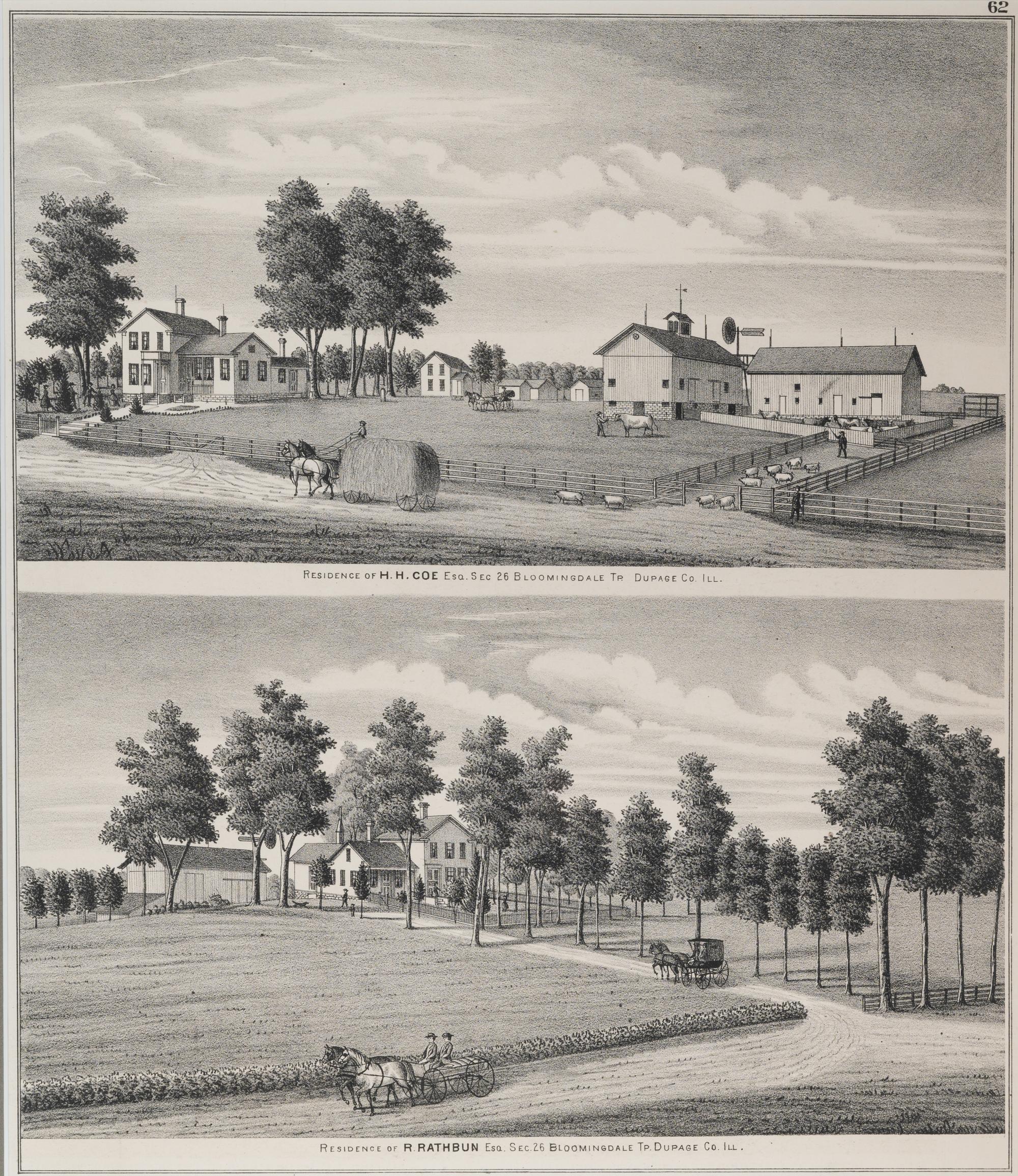 Printed City Views and Farm Scenes of Bloomingdale and Dupage County, Ill. N.p.: N.d. 23 x 21 In. Matted and framed.