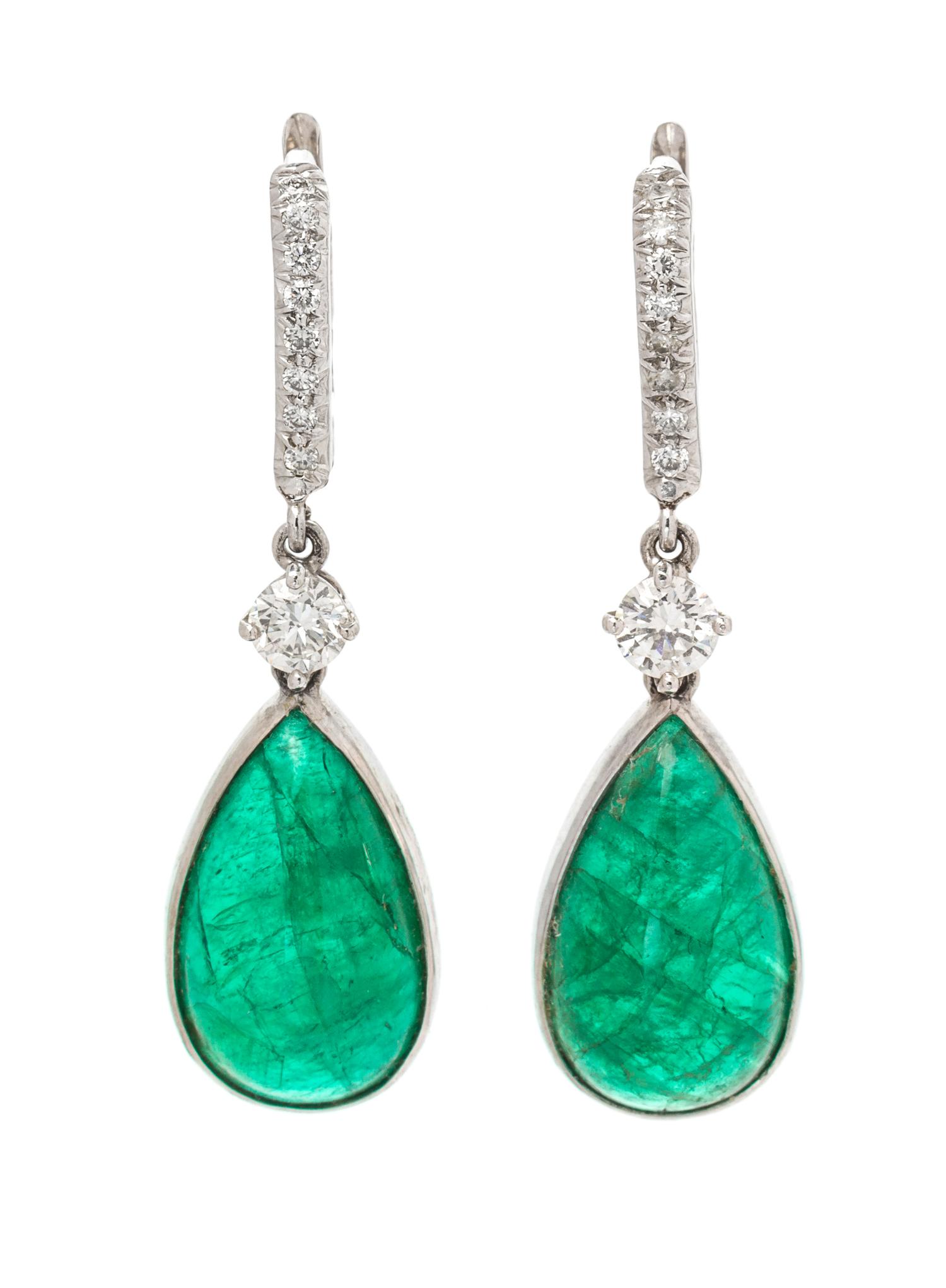 A Pair of 18 Karat White Gold, Emerald and Diamond Drop Earrings, 5.35 dwts.