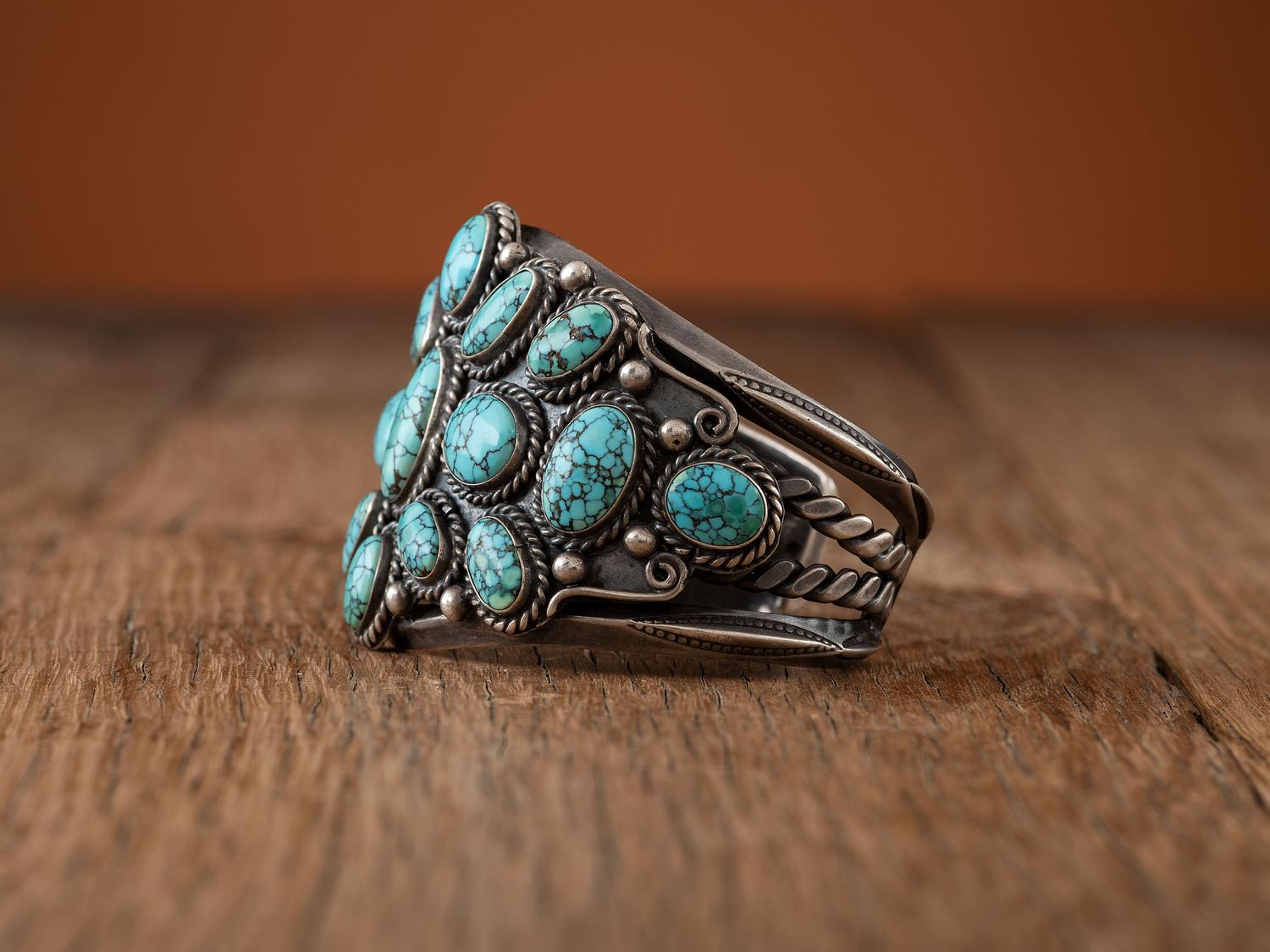 Navajo Silver and #8 Turquoise Cluster Cuff Bracelet