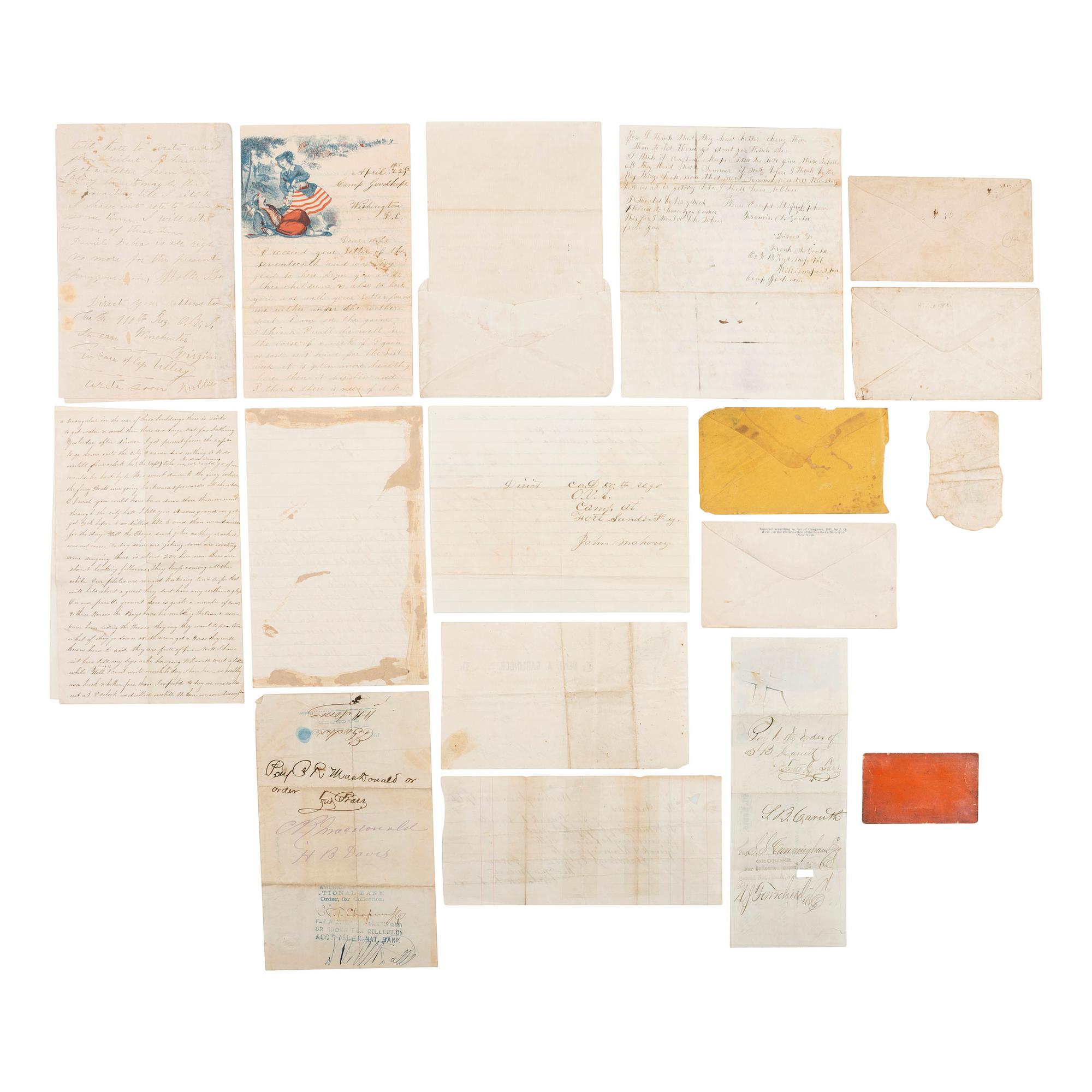 [CIVIL WAR]. A group of Civil War letters and ephemera representing multiple soldiers, a war-date governor, and including Andersonville POW letter from Private Samuel W. Armington (1837-1913), Co. D, Massachusetts 15th Infantry.