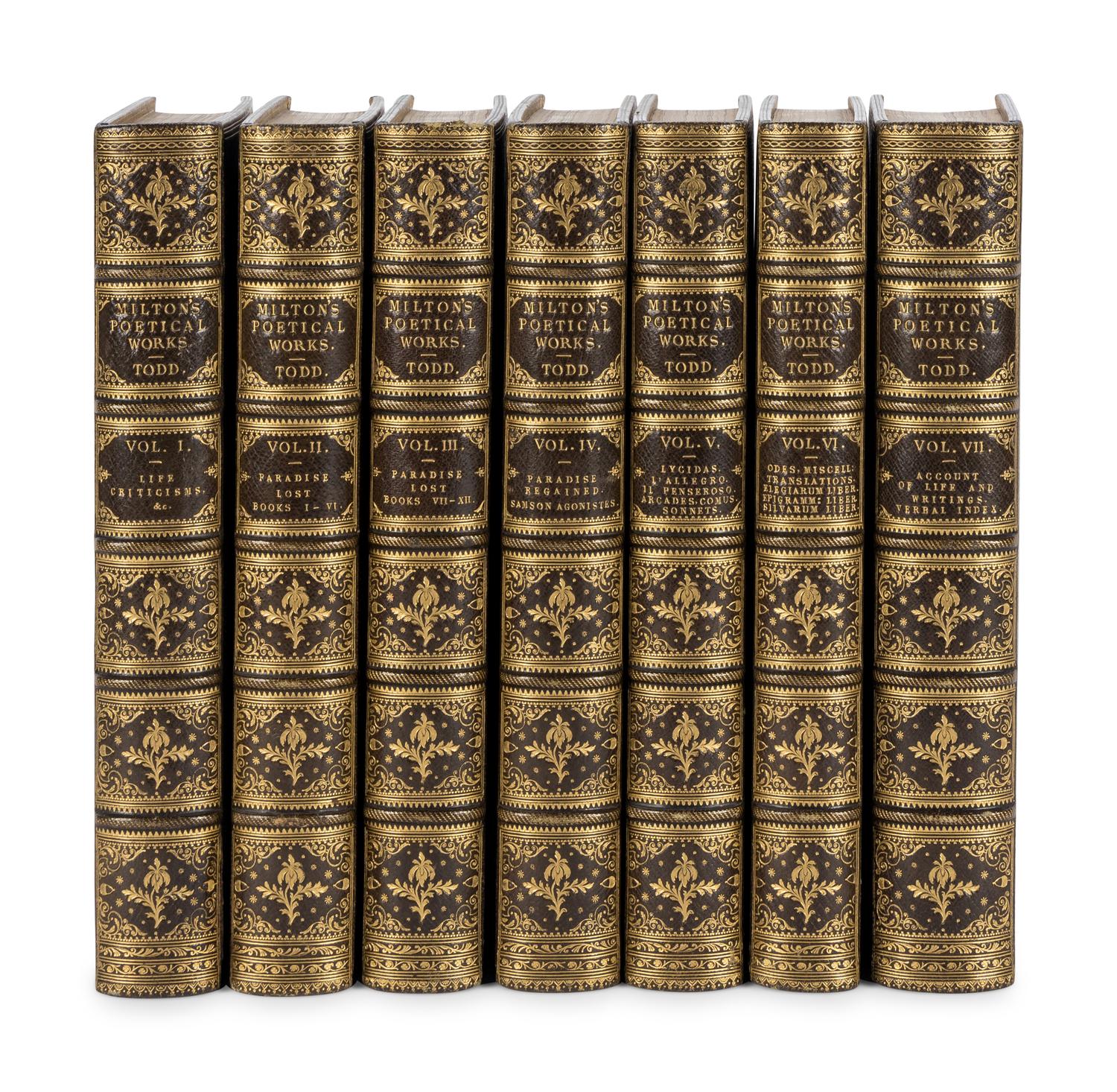 MILTON, John (1608-1674). The Poetical Works . 6 volumes. -- Some Account of the Life and Writings . Henry John Todd, editor. London: Bye and Law, and Law and Gilbert for J. Johnson et al, 1801-1809.