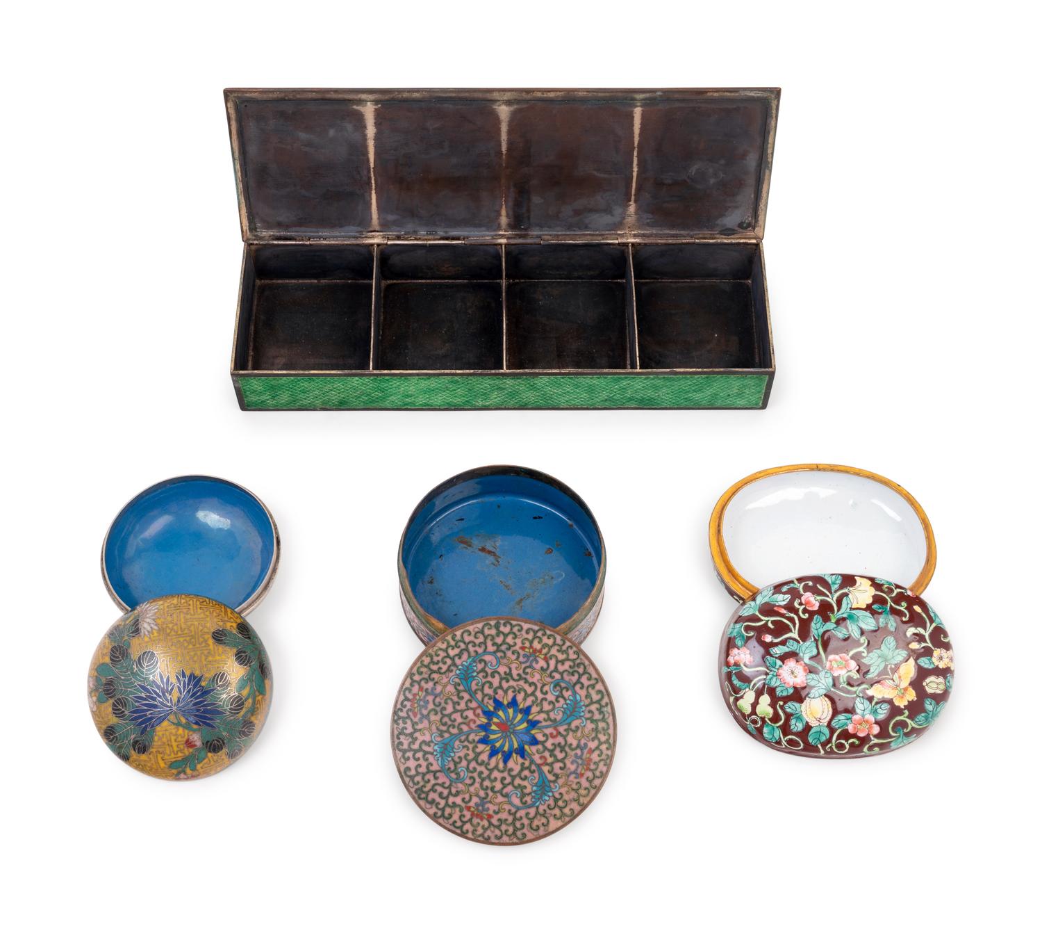 Four Chinese Enamel on Metal Covered Boxes