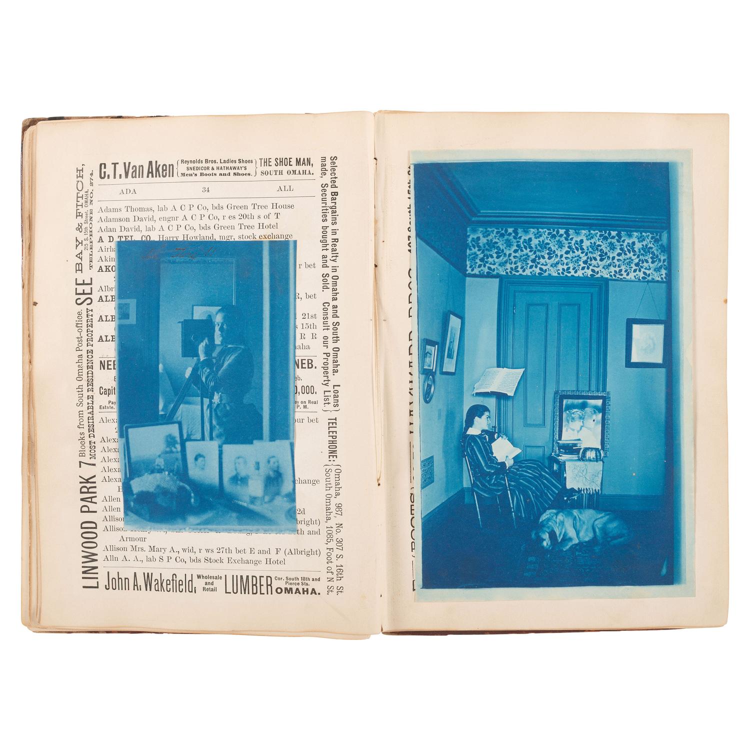 [Early Photography] Collection of 60+ cyanotypes, incl. playful and artfully posed scenes